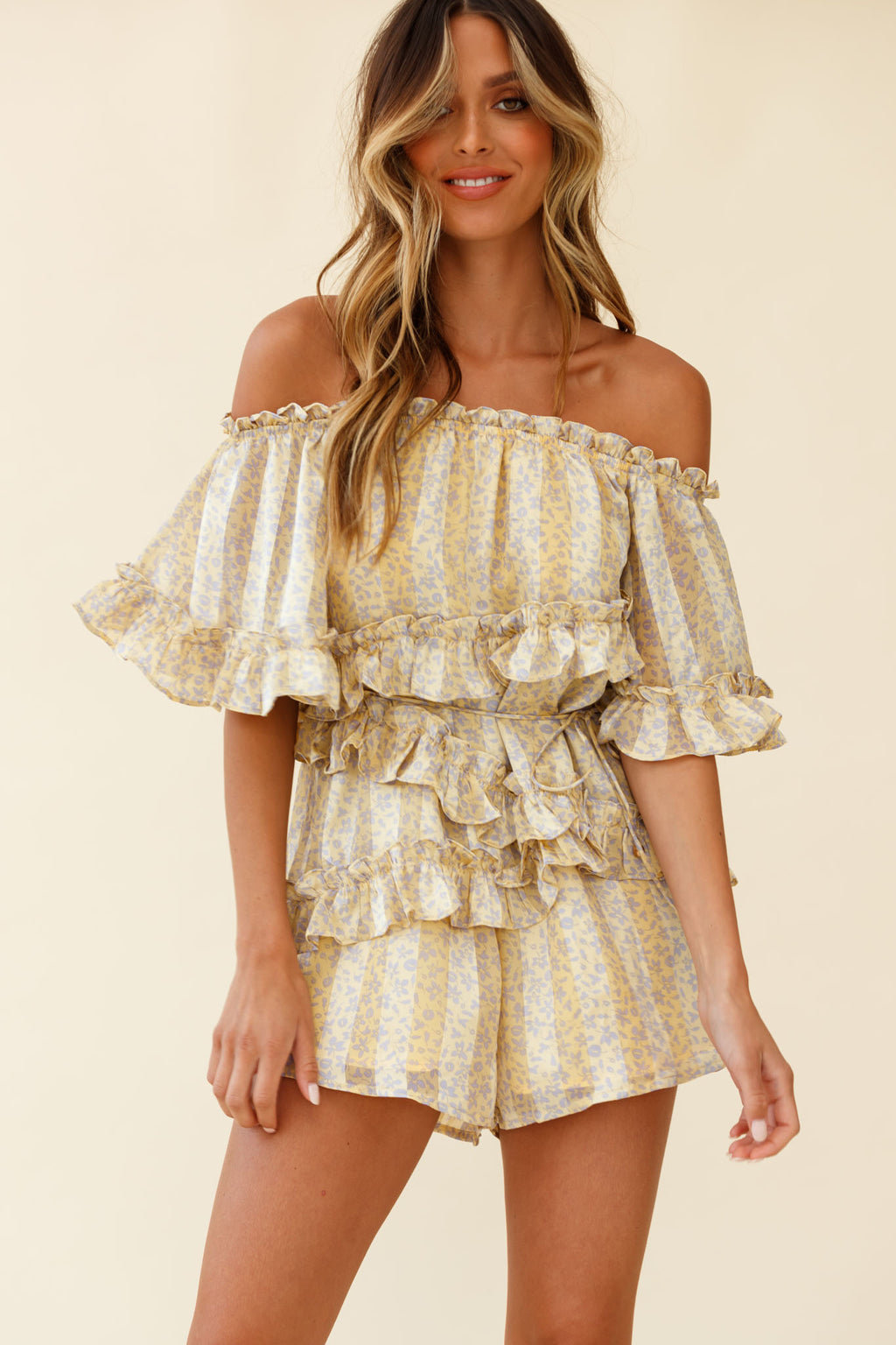 Astoria Bardot Neckline Frill Romper Floral & Stripe Print Yellow by Selfie Leslie