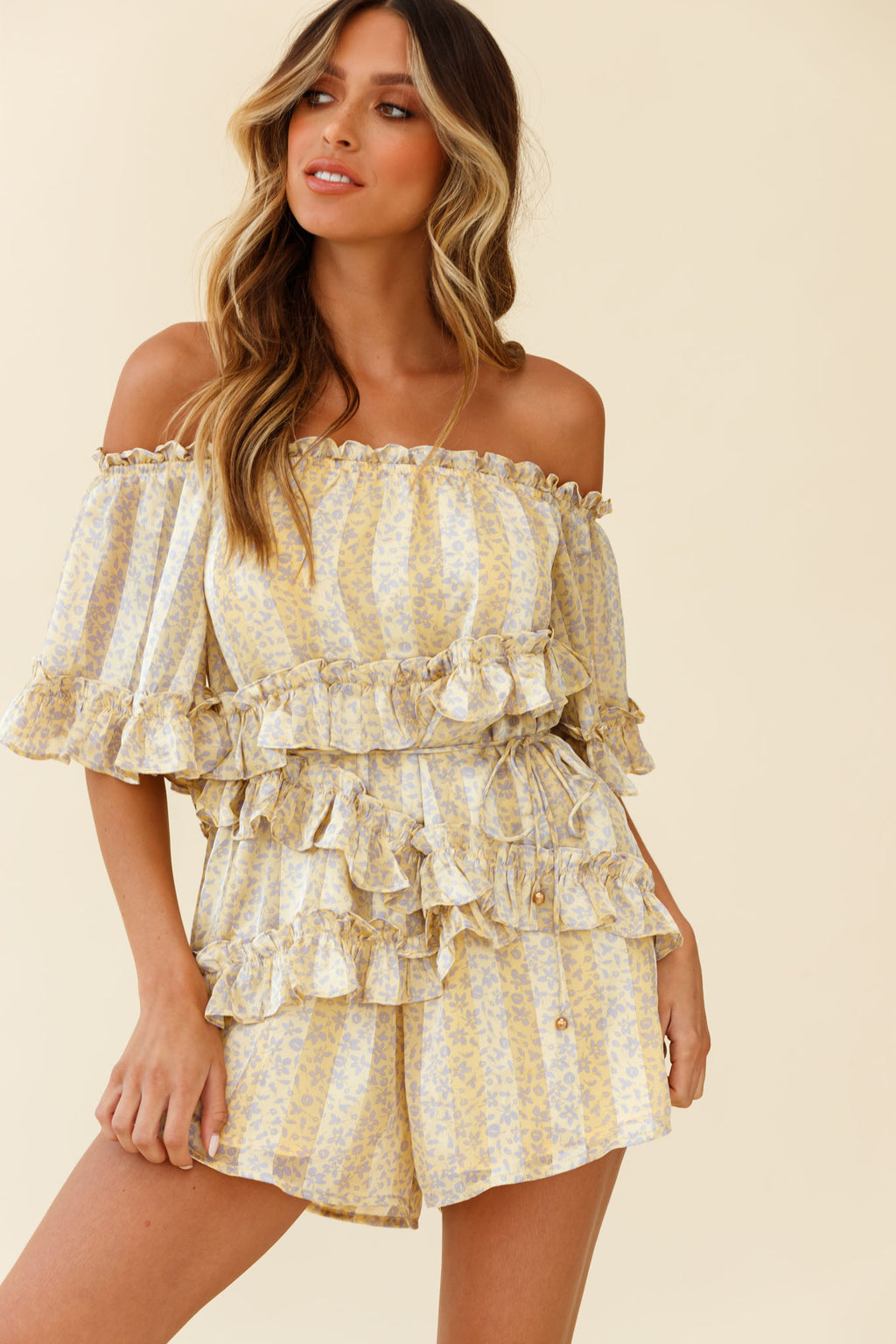 Astoria Bardot Neckline Frill Romper Floral & Stripe Print Yellow by Selfie Leslie