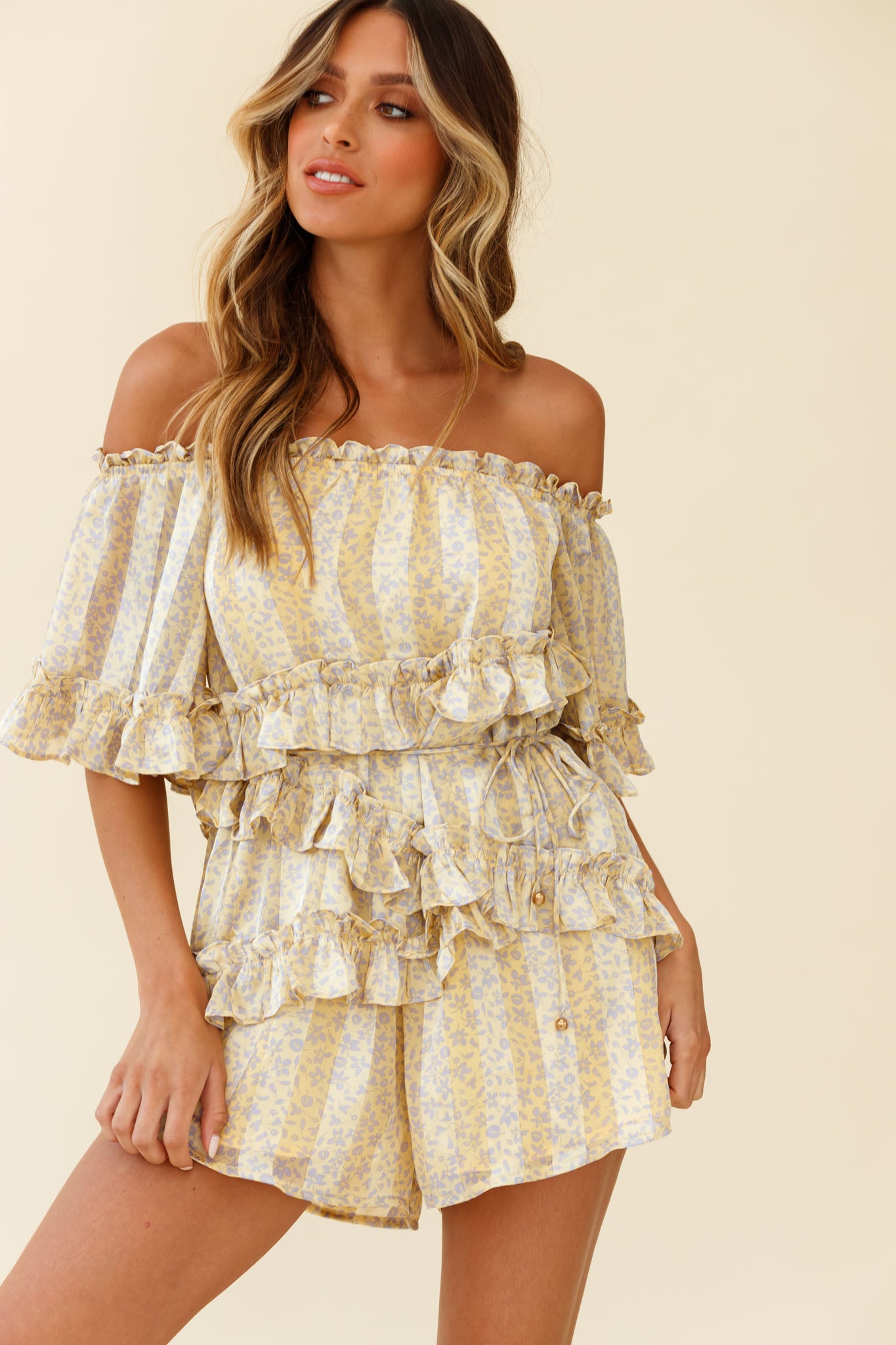 Astoria Bardot Neckline Frill Romper Floral & Stripe Print Yellow by Selfie Leslie