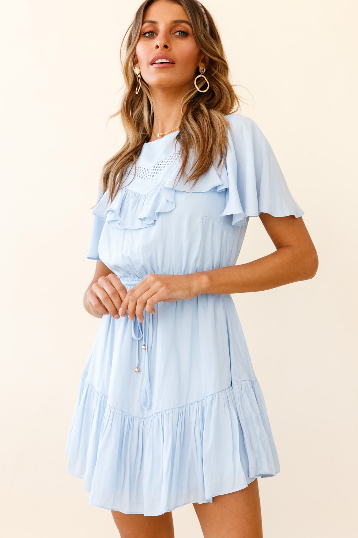 Forever Free Angel Sleeve Drawstring Waist Dress Steel Blue by Selfie Leslie