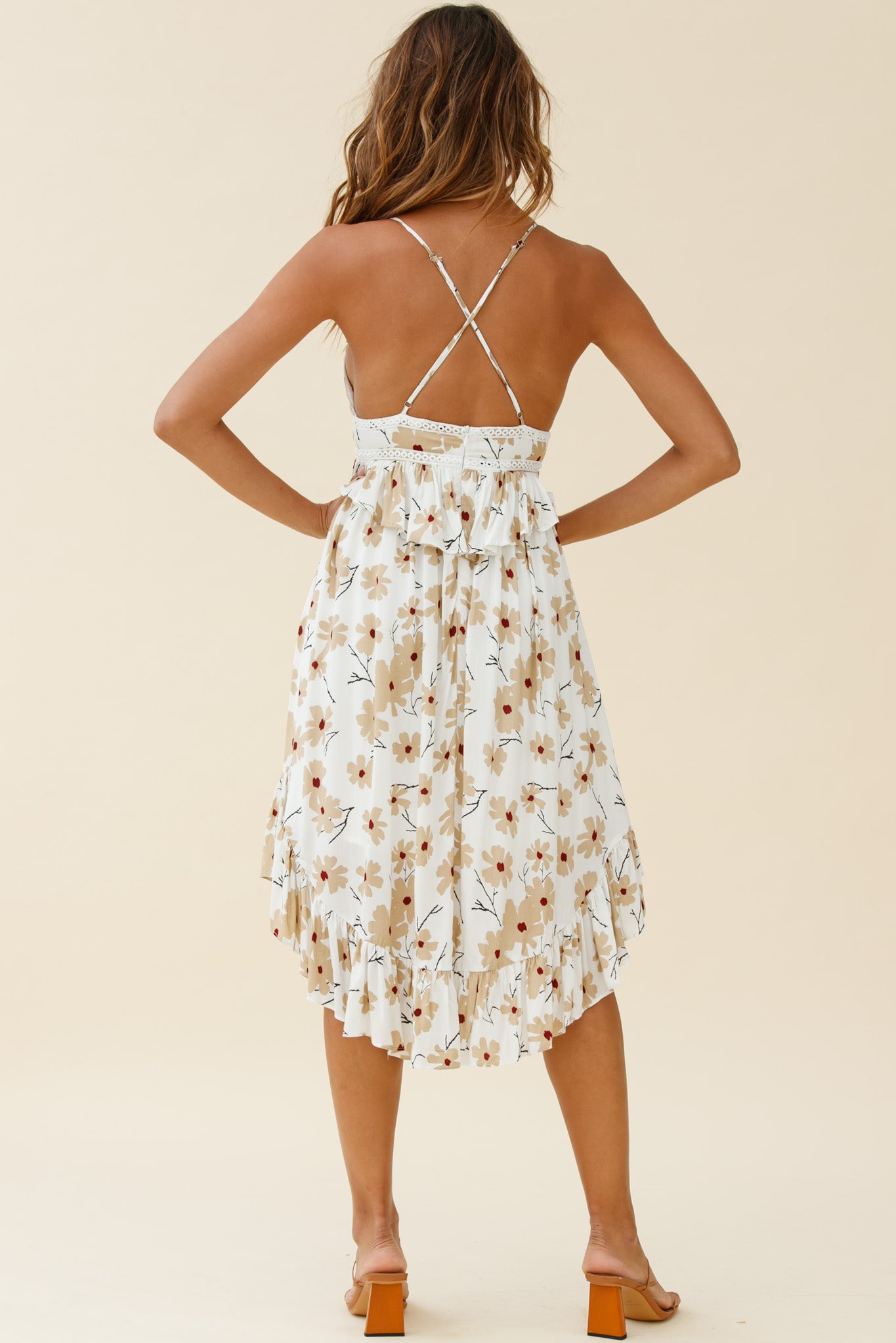 Marigold Peplum Midi Ruffle Dress Floral Print White by Selfie Leslie