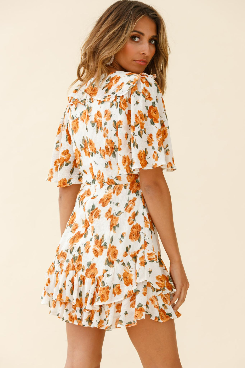 Mona Lisa Angel Sleeve Ruffle Trim Dress Rose Print Dress White/Tan by Selfie Leslie
