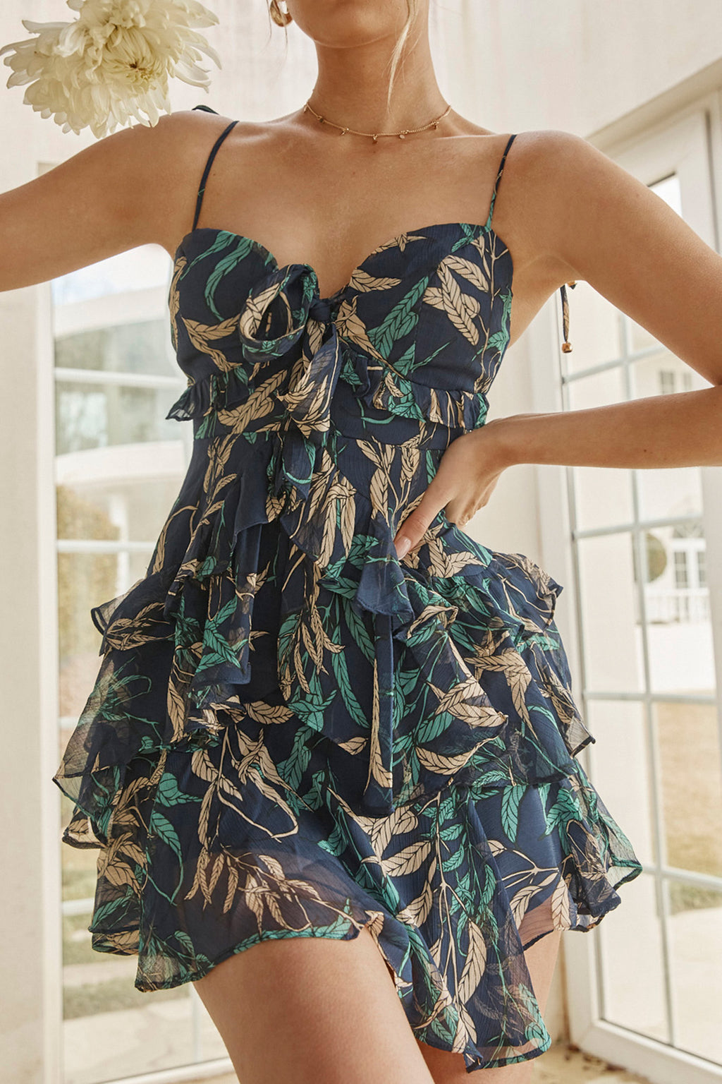Flower Child Bust Tie Ruffle Trim Dress Leaf Print Navy by Selfie Leslie