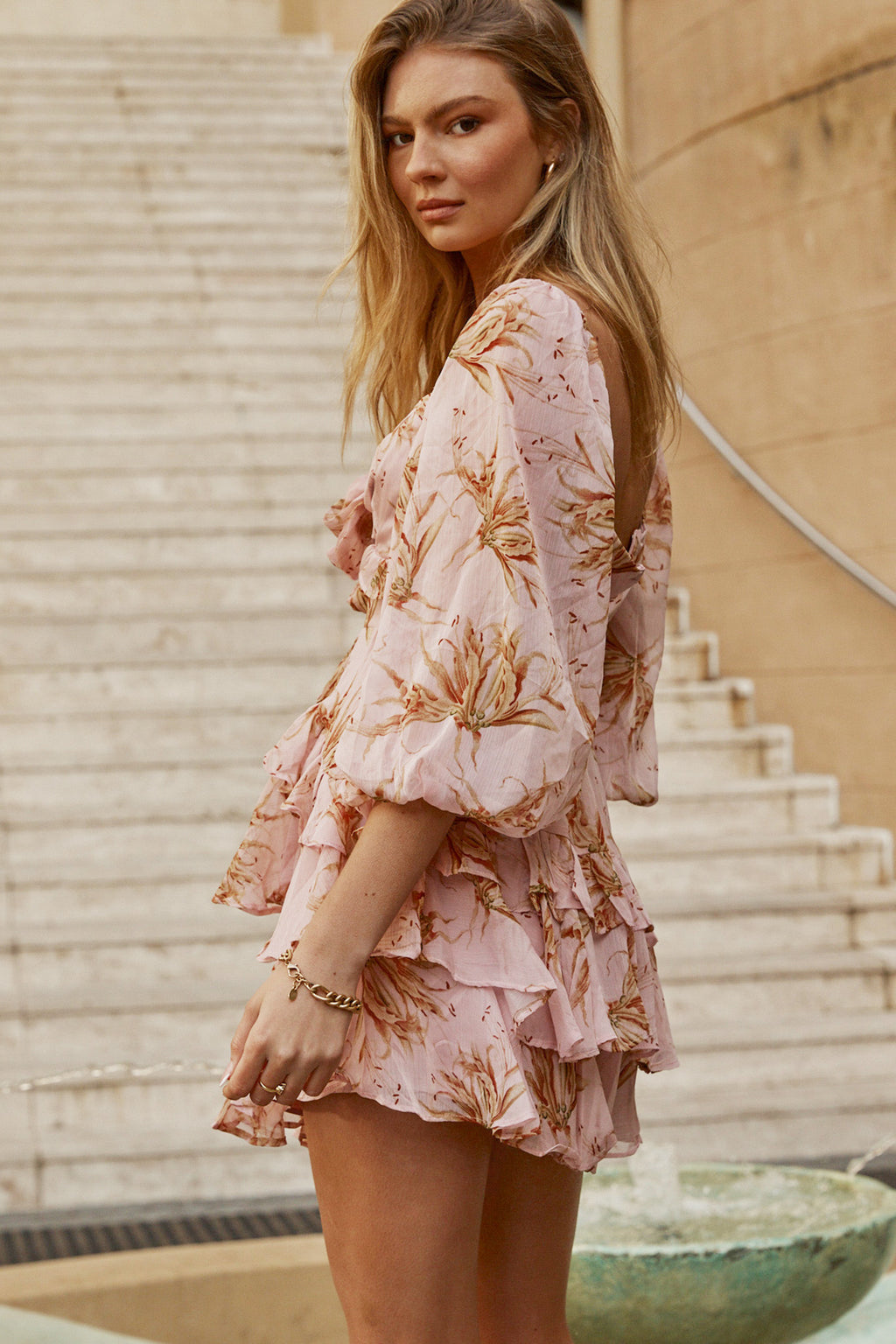 Flower Child Three Quarter Sleeve Bust Tie Ruffle Dress Lily Print Pink by Selfie Leslie