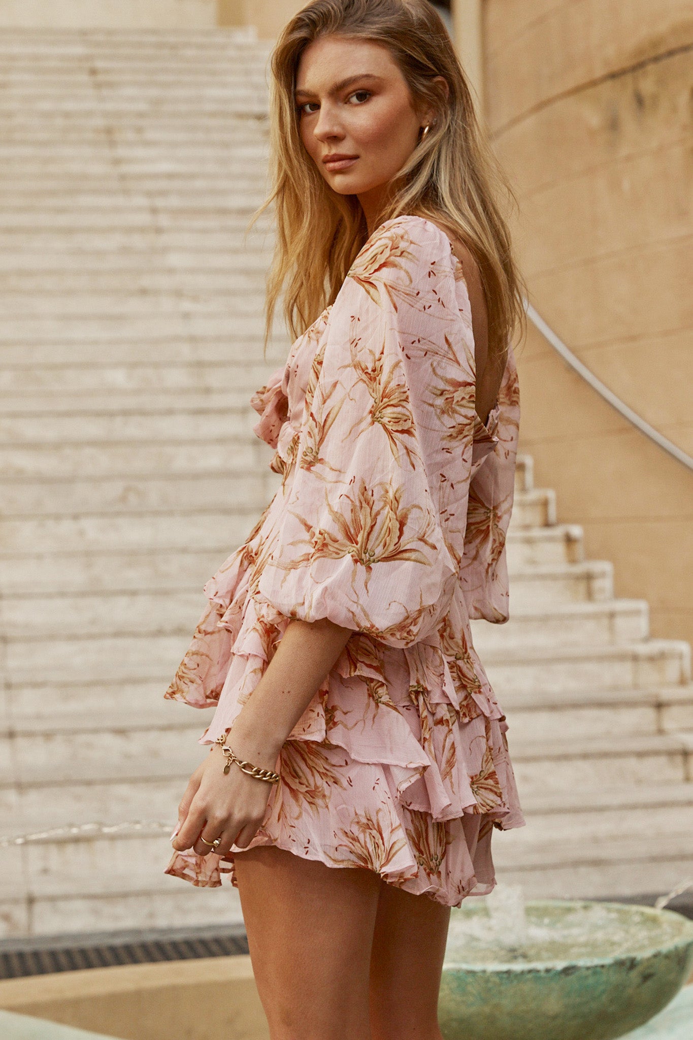 Shop the Flower Child Three Quarter Sleeve Bust Tie Ruffle Dress Lily ...