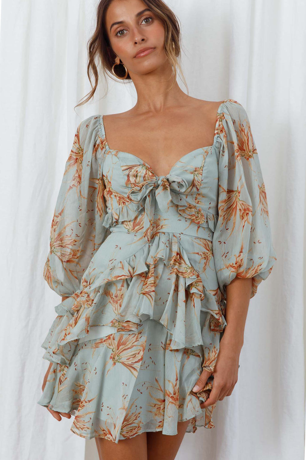 Flower Child Three Quarter Sleeve Bust Tie Ruffle Dress Lily Print Pistachio by Selfie Leslie