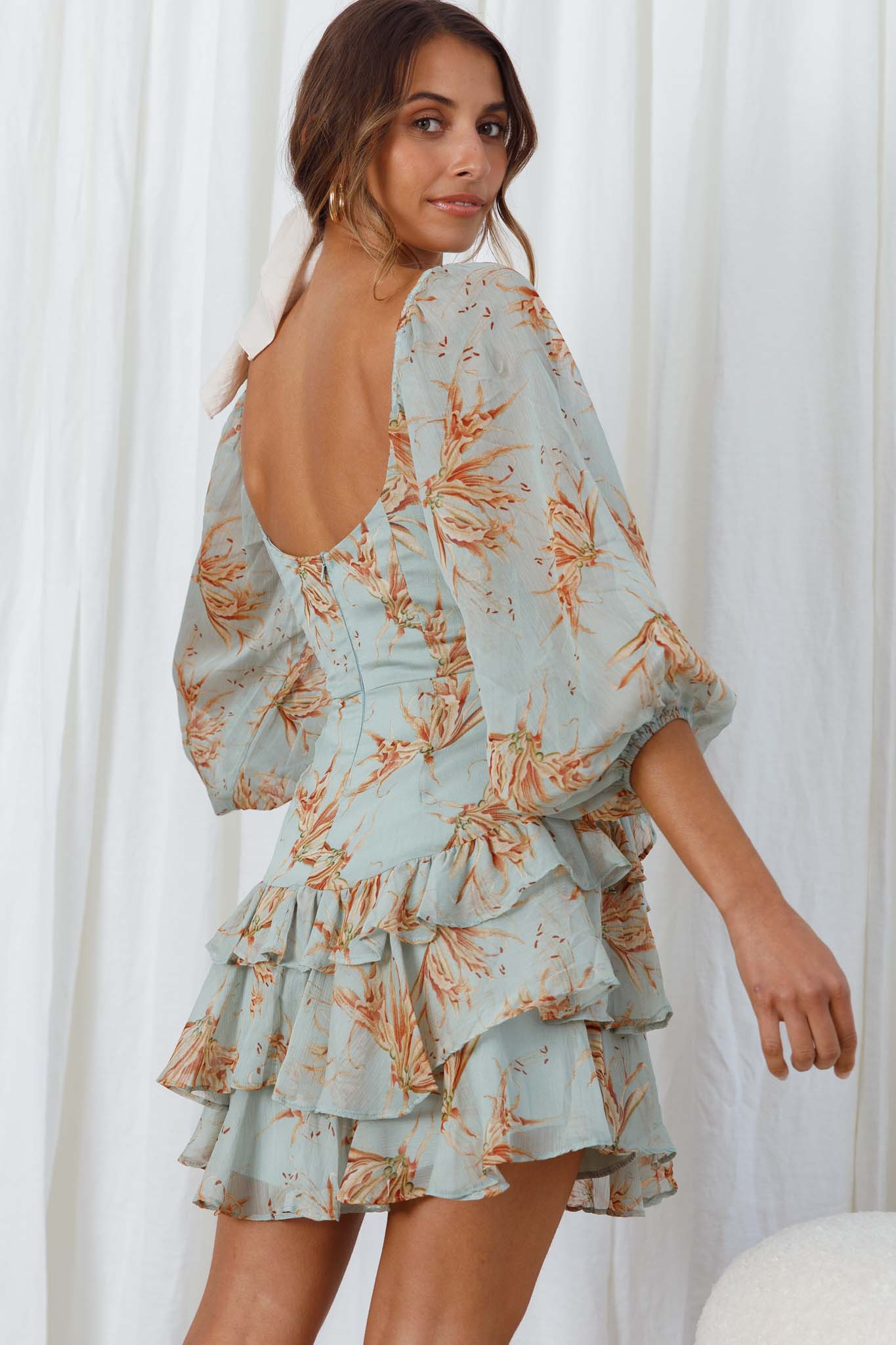 Flower Child Three Quarter Sleeve Bust Tie Ruffle Dress Lily Print Pistachio by Selfie Leslie