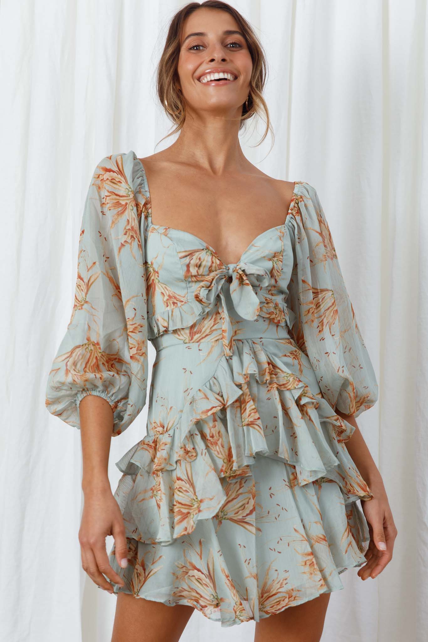Flower Child Three Quarter Sleeve Bust Tie Ruffle Dress Lily Print Pistachio by Selfie Leslie