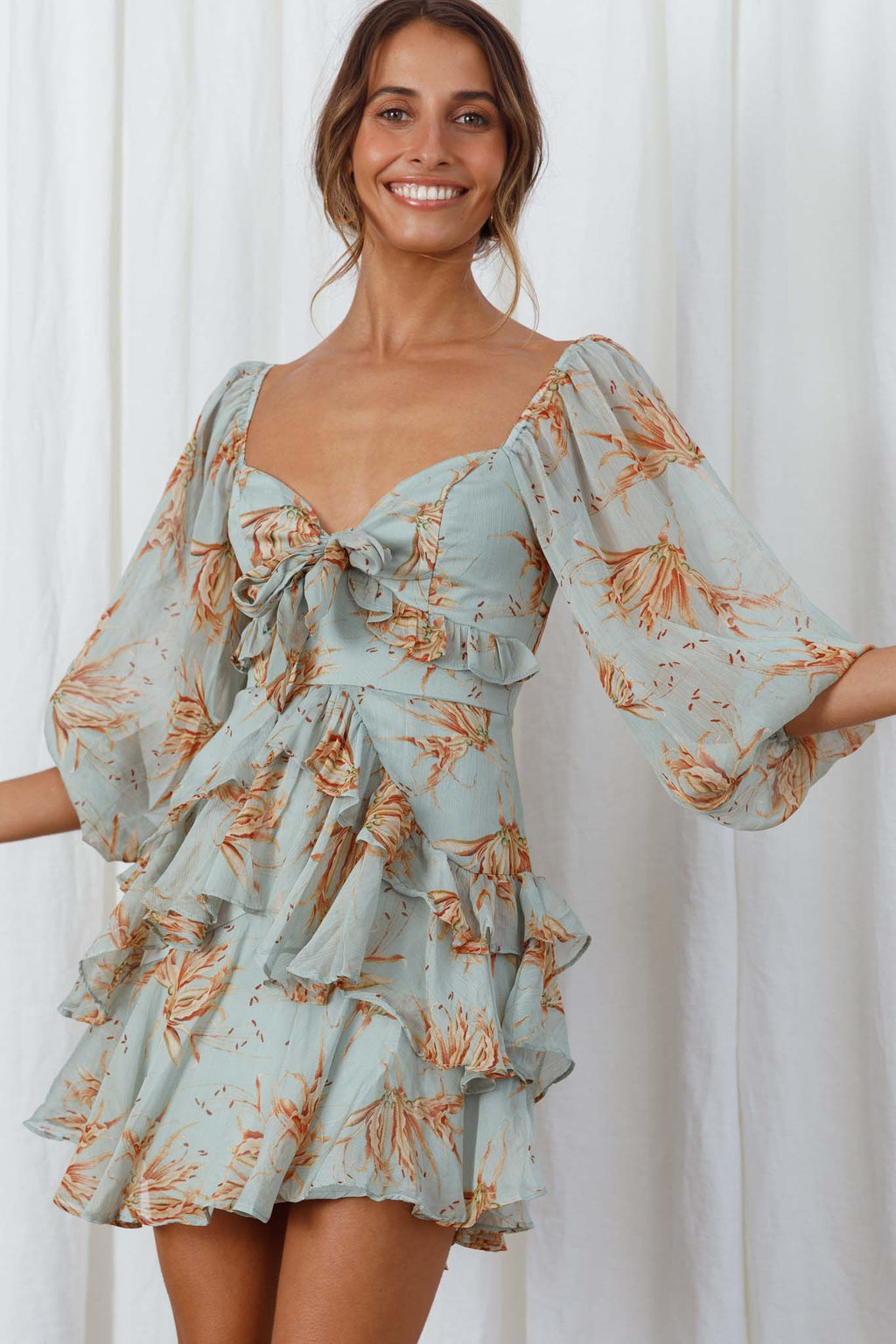 Flower Child Three Quarter Sleeve Bust Tie Ruffle Dress Lily Print Pistachio by Selfie Leslie