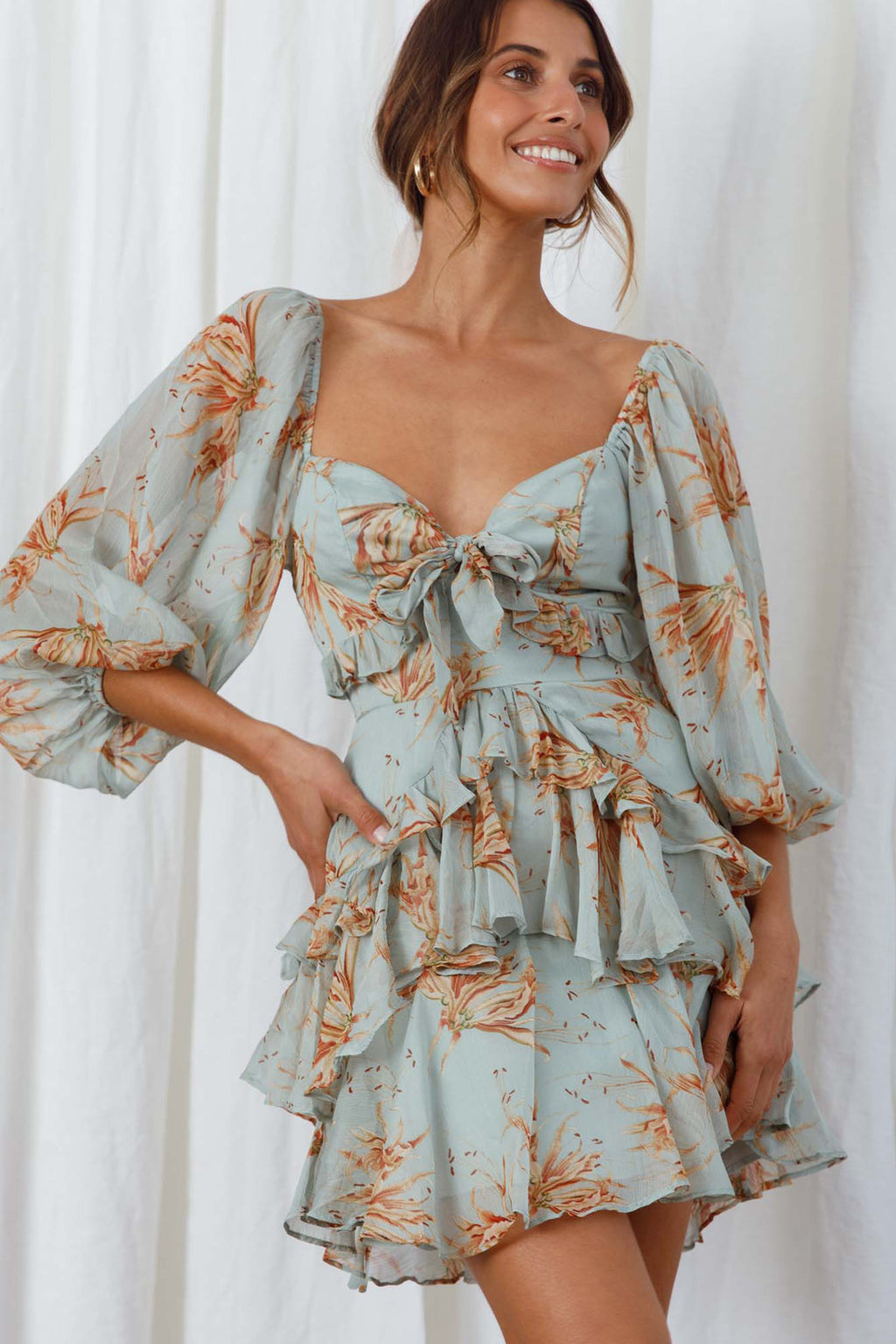 Flower Child Three Quarter Sleeve Bust Tie Ruffle Dress Lily Print Pistachio by Selfie Leslie