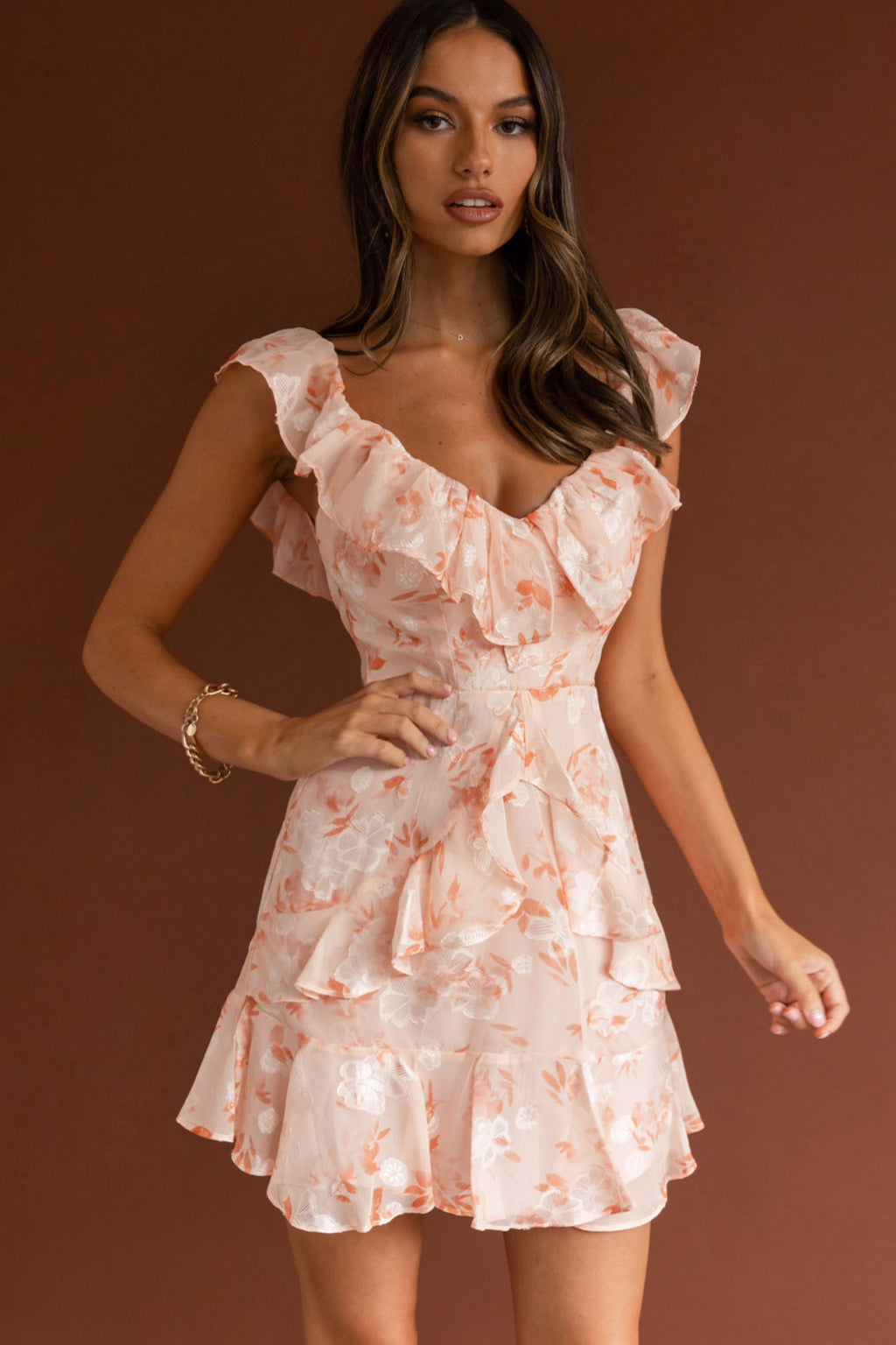 Flower Child Frill V-Neckline Dress Floral Blush by Selfie Leslie