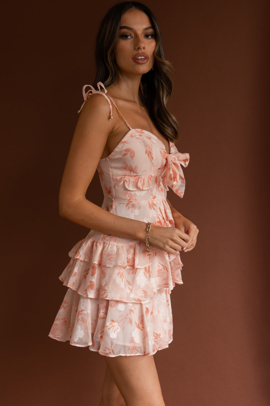 Flower Child Bust Tie Ruffle Trim Dress Floral Peach by Selfie Leslie