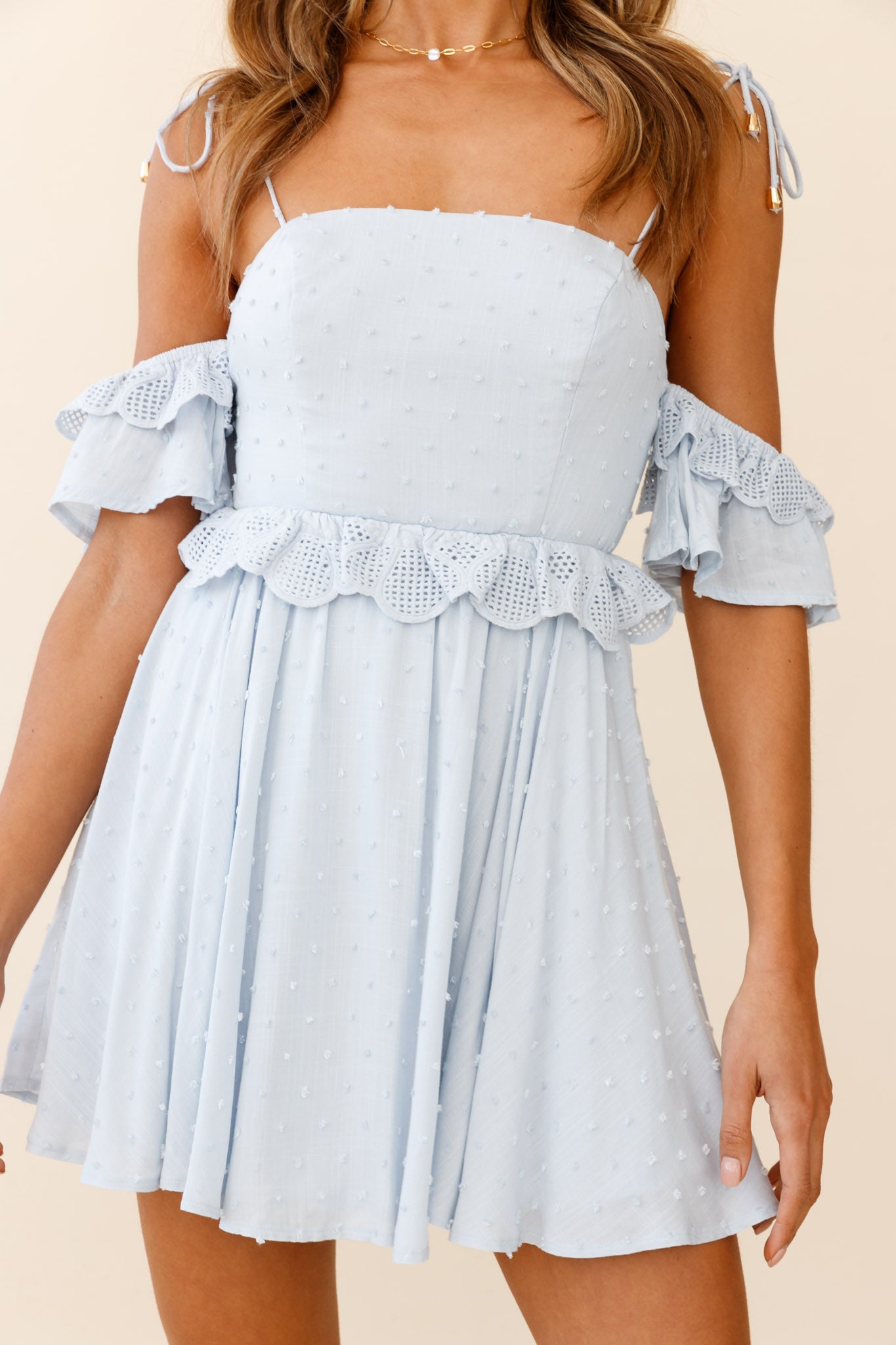 Wayside String Tie Strap Lace Trim Mini Dress Steel Blue by Selfie Leslie