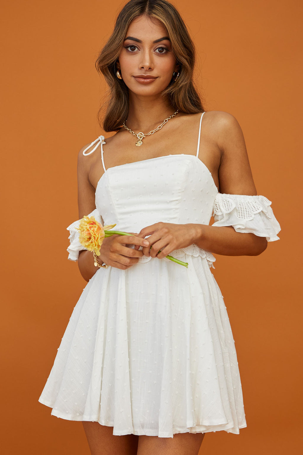 Wayside String Tie Strap Lace Trim Mini Dress White by Selfie Leslie