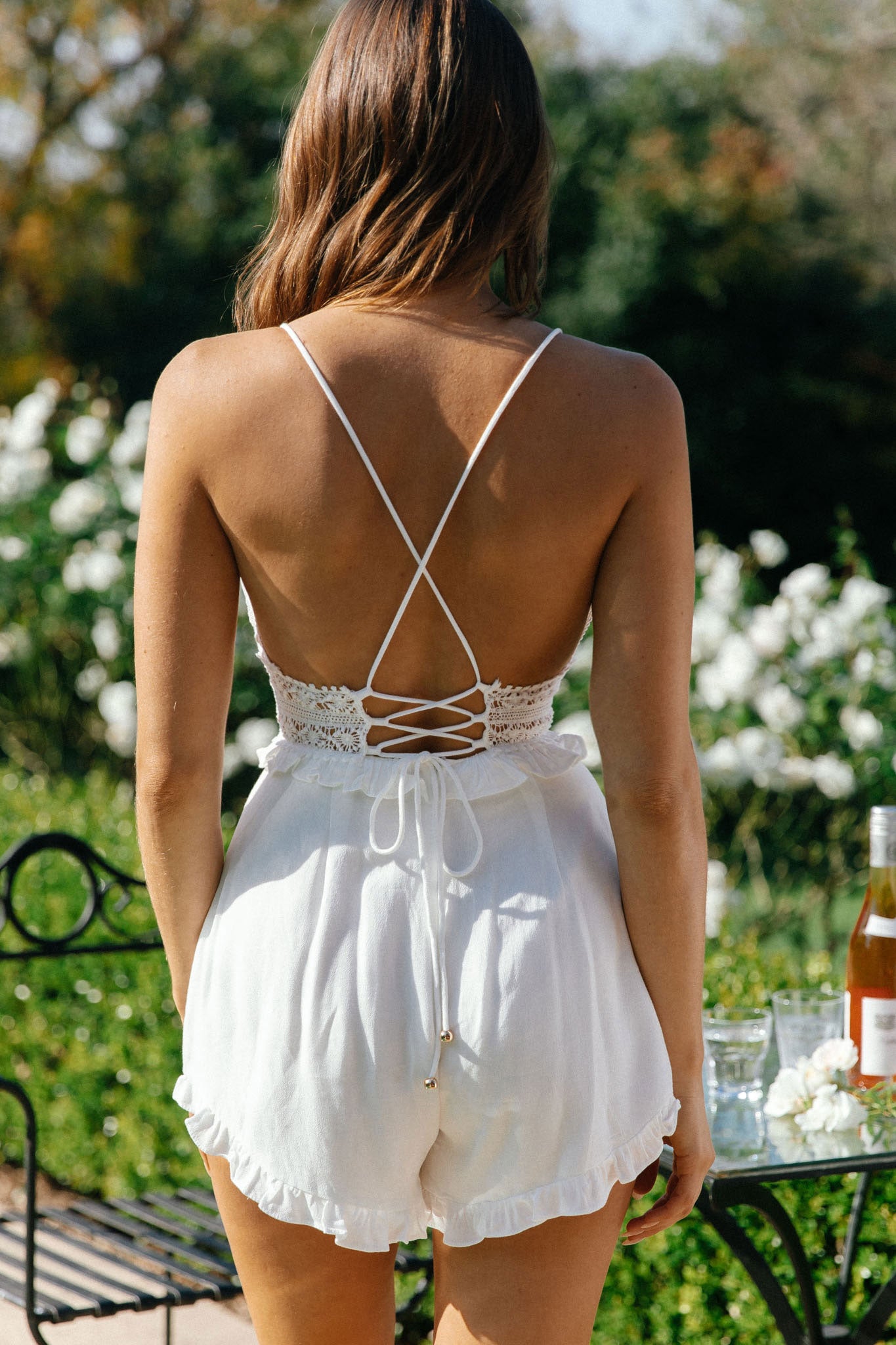 Desert Rose Crochet Trim Tie-Up Back Romper White | Selfie Leslie