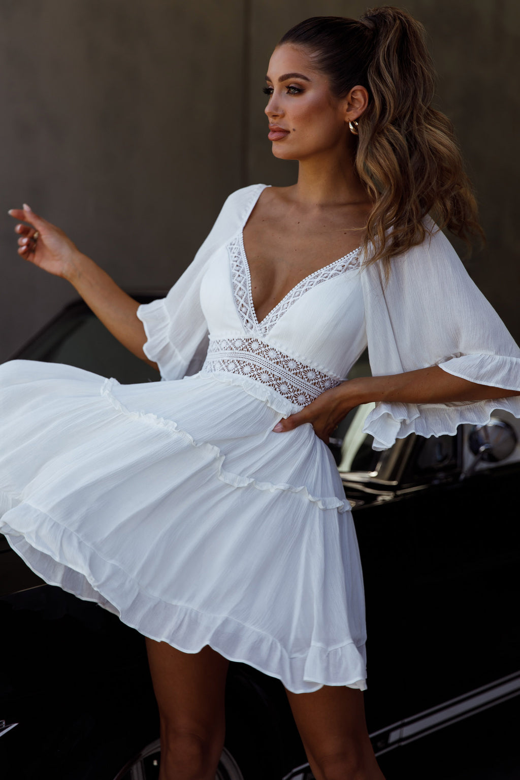 Desert Rose Bell Sleeve Mini Dress White by Selfie Leslie