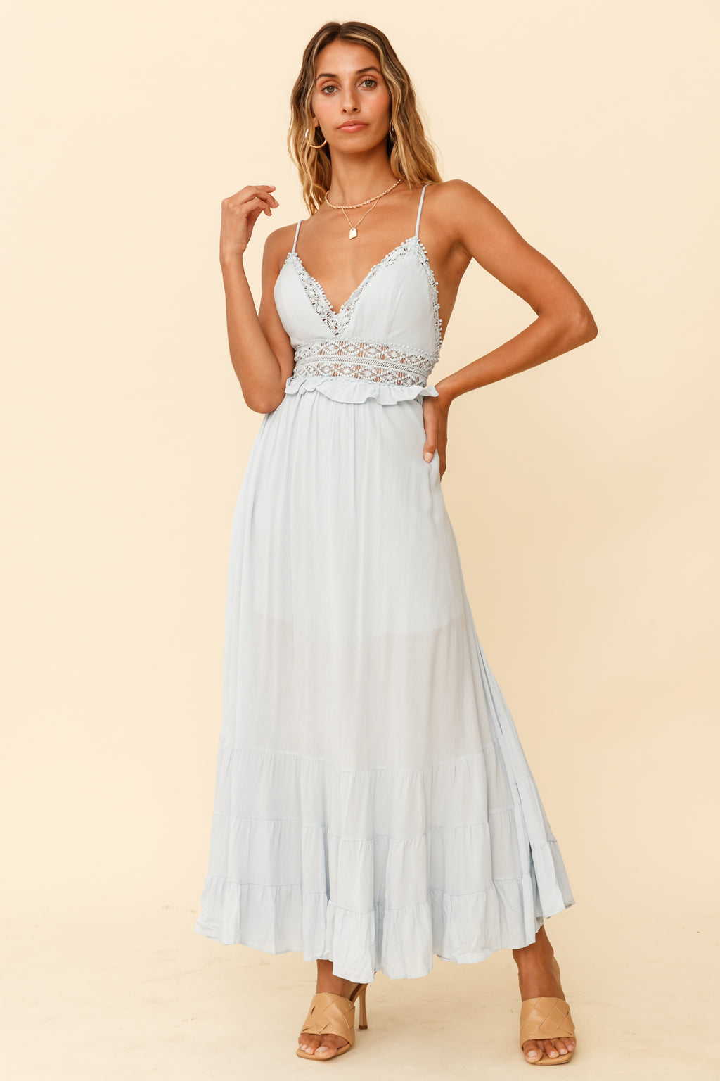 Desert Rose Crochet Tie-Up Back Maxi Dress Ice Blue by Selfie Leslie