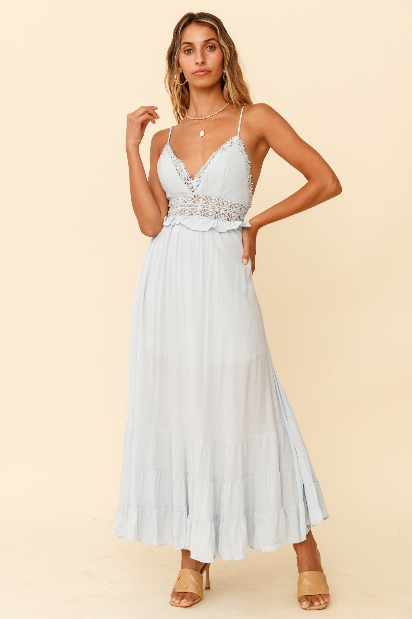 Desert Rose Crochet Tie-Up Back Maxi Dress Ice Blue by Selfie Leslie