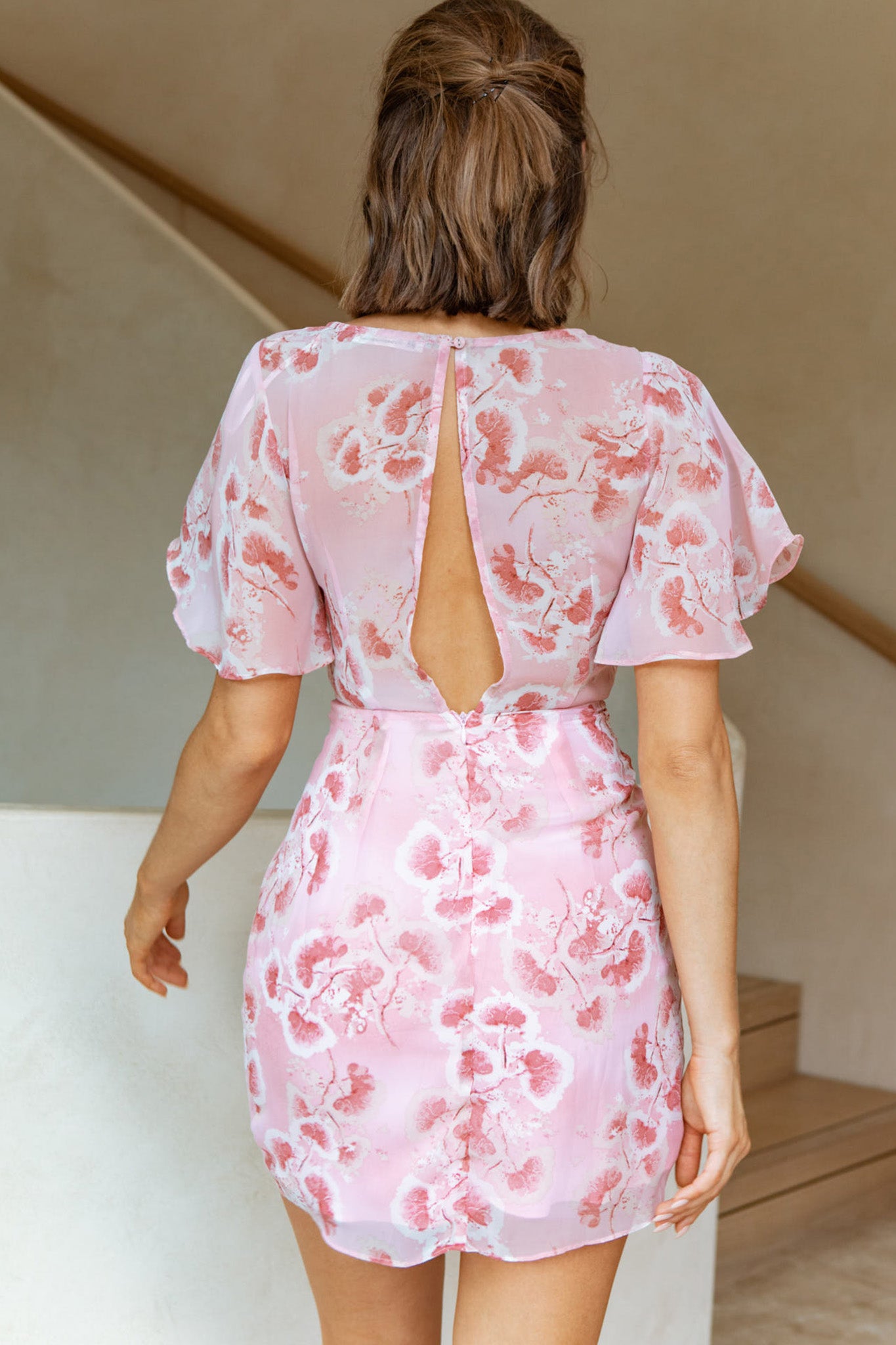 dionne mini dress white Dionne Angel Sleeve Twist Detail Dress Botanic Print Pink/Rose