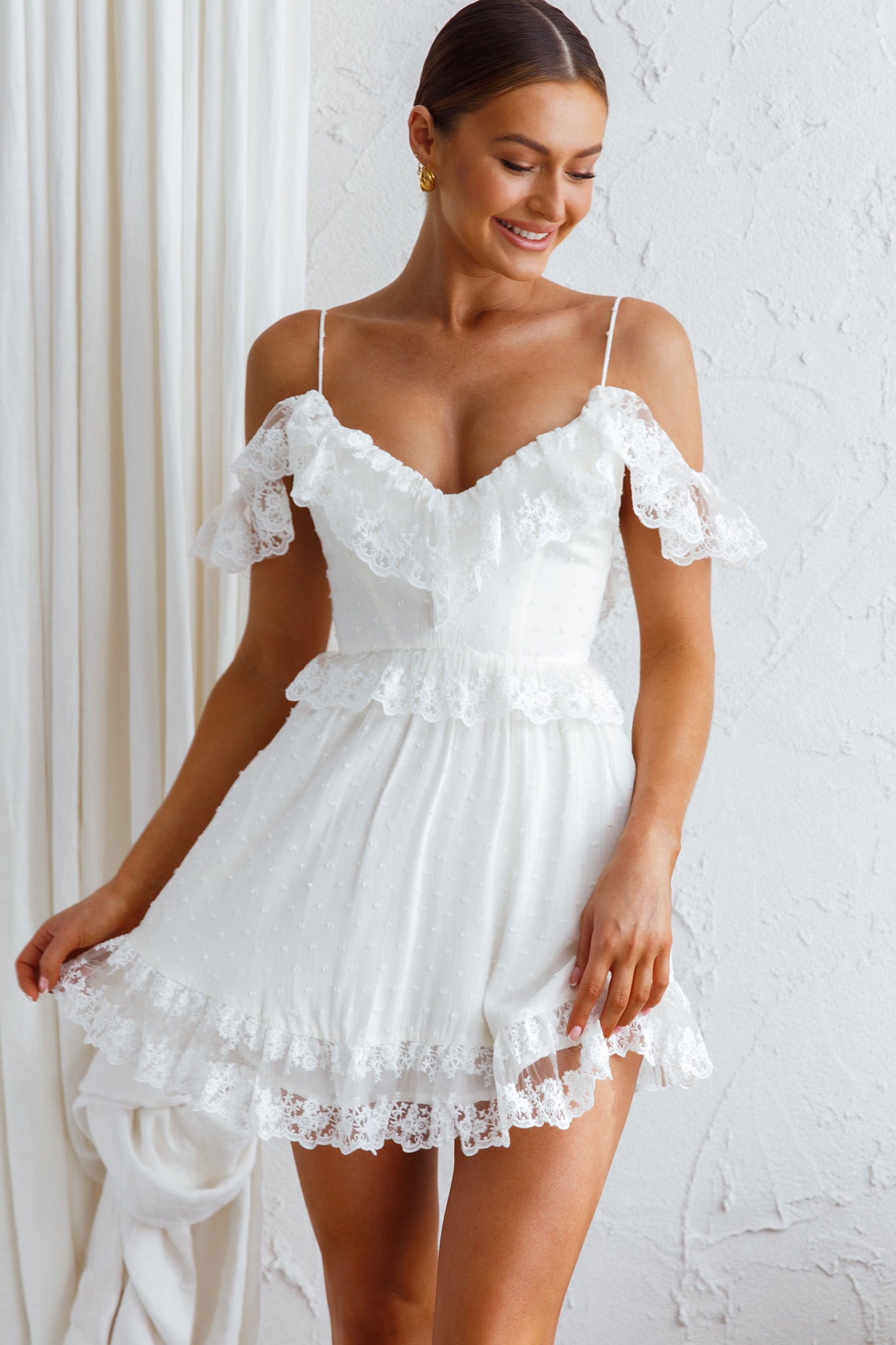 White lace off the shoulder mini dress Clearance