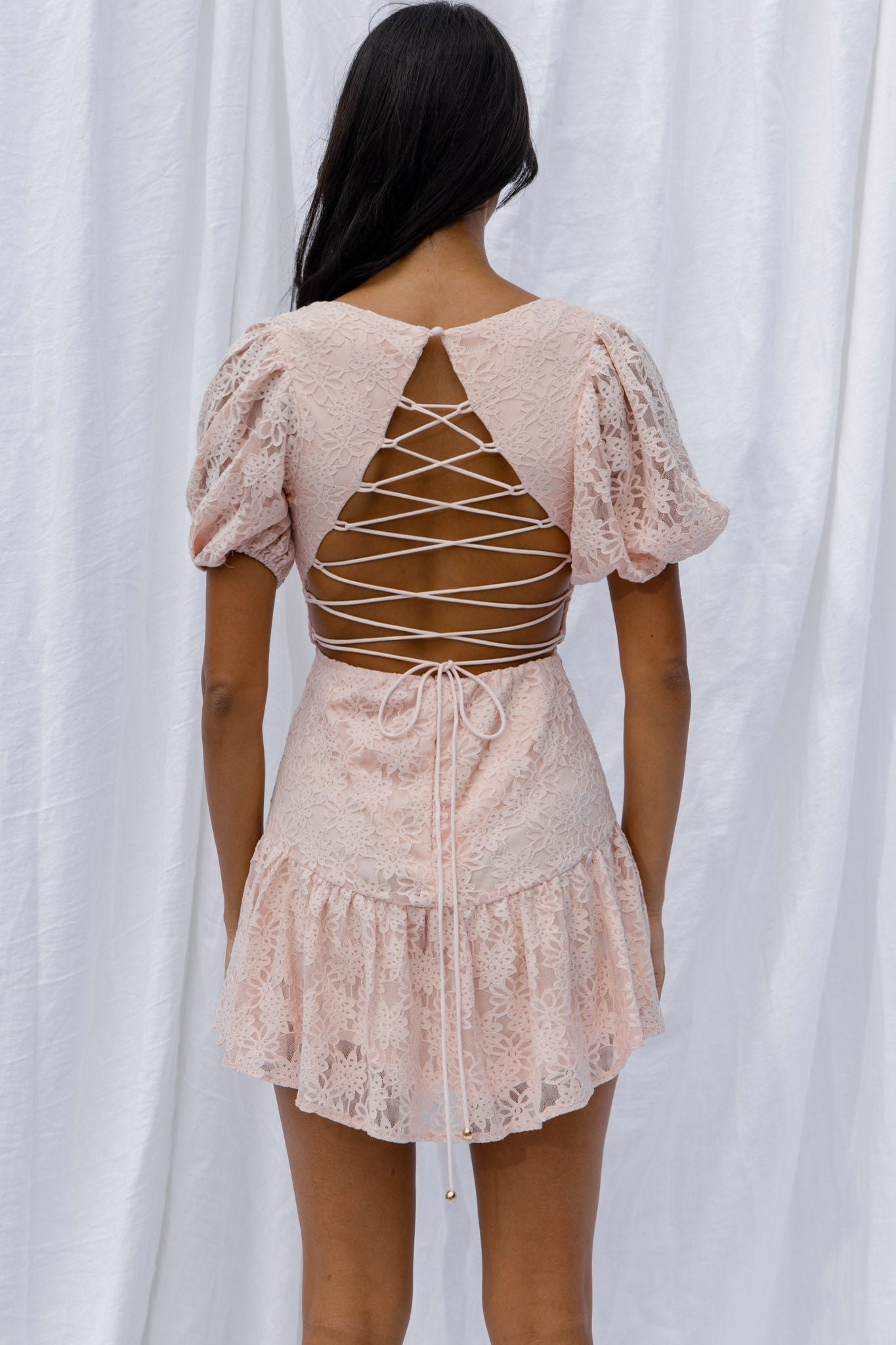 Petite Cherie Puff Sleeve Lace-Up Back Dress Lace Blush by Selfie Leslie