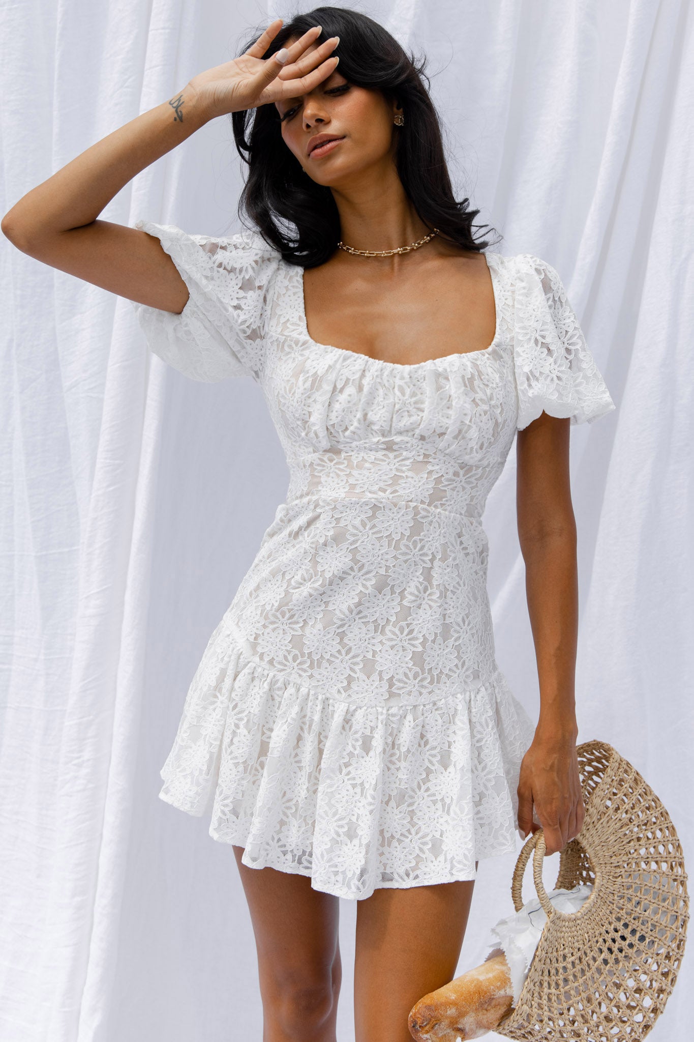 Shop the Petite Cherie Puff Sleeve Lace-Up Back Dress Lace White ...