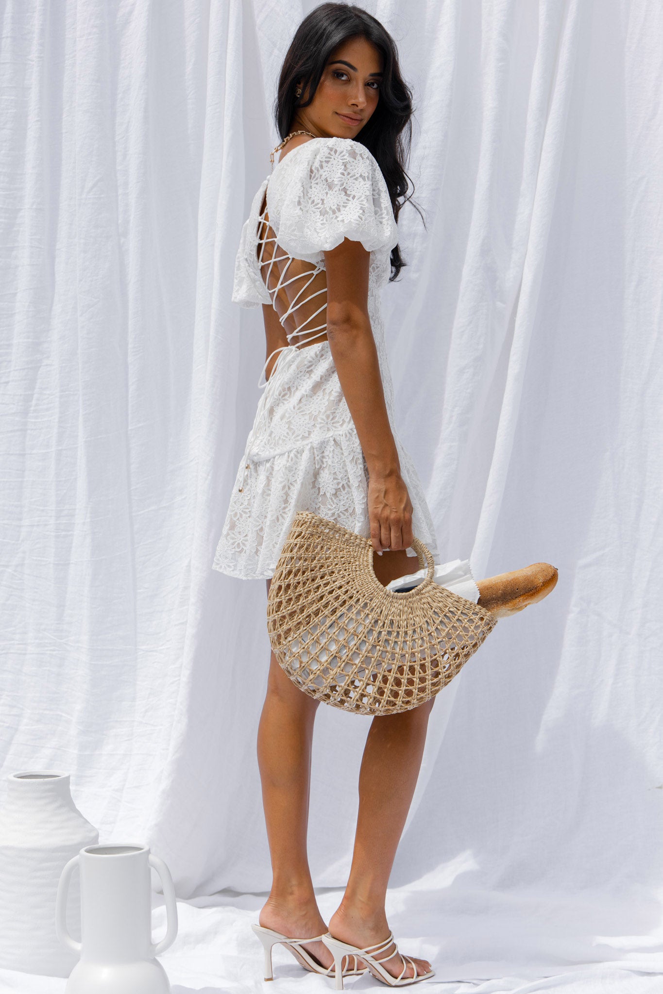 Petite Cherie Puff Sleeve Lace-Up Back Dress Lace White by Selfie Leslie