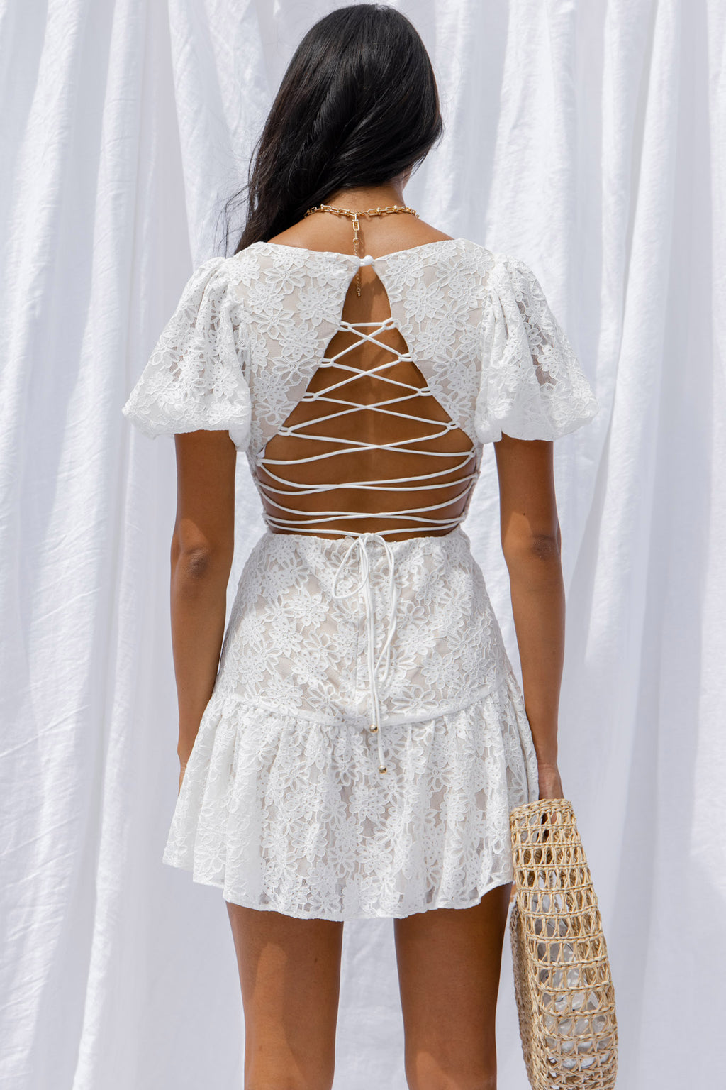 Petite Cherie Puff Sleeve Lace-Up Back Dress Lace White by Selfie Leslie