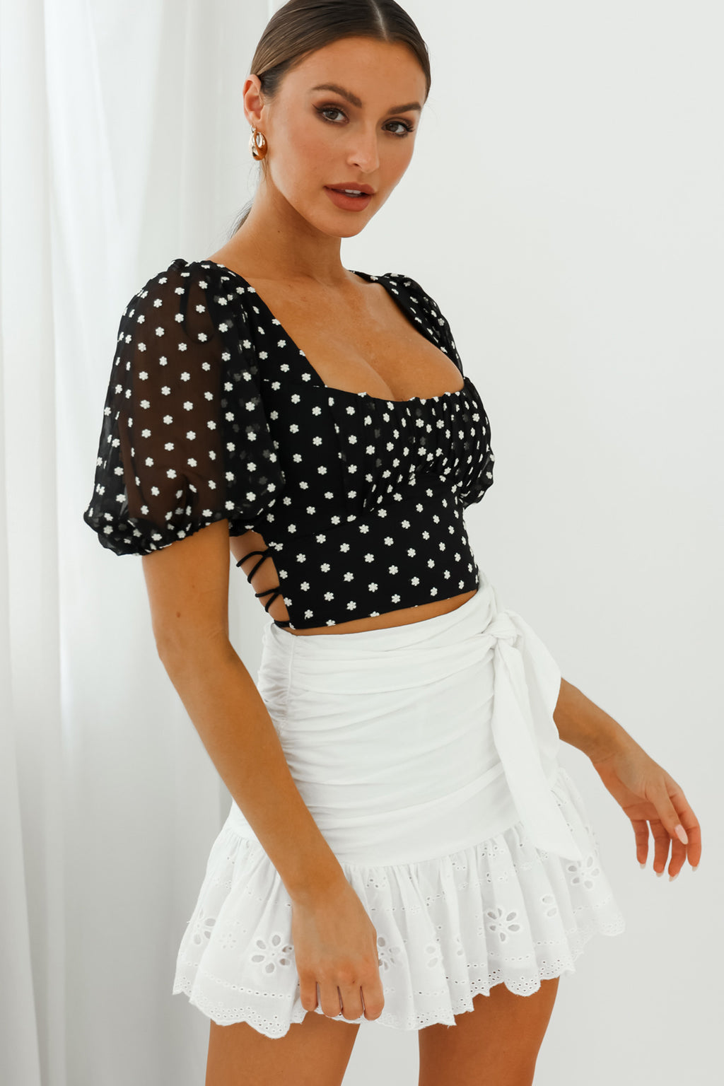 Petite Cherie Puff Sleeve Lace-Up Back Crop Top Floral Embroidered Black by Selfie Leslie