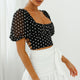 Petite Cherie Puff Sleeve Lace-Up Back Crop Top Floral Embroidered Black