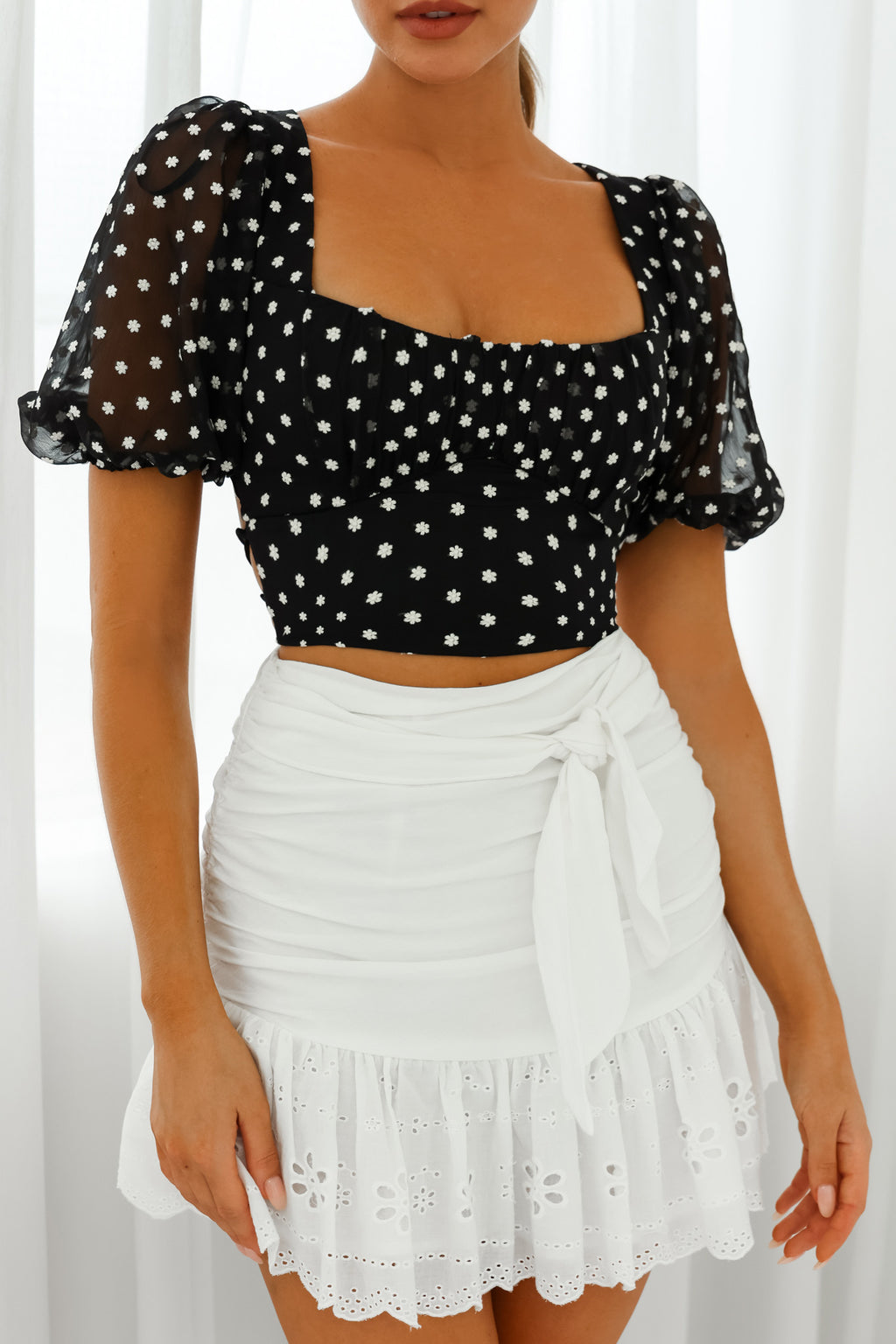 Petite Cherie Puff Sleeve Lace-Up Back Crop Top Floral Embroidered Black by Selfie Leslie
