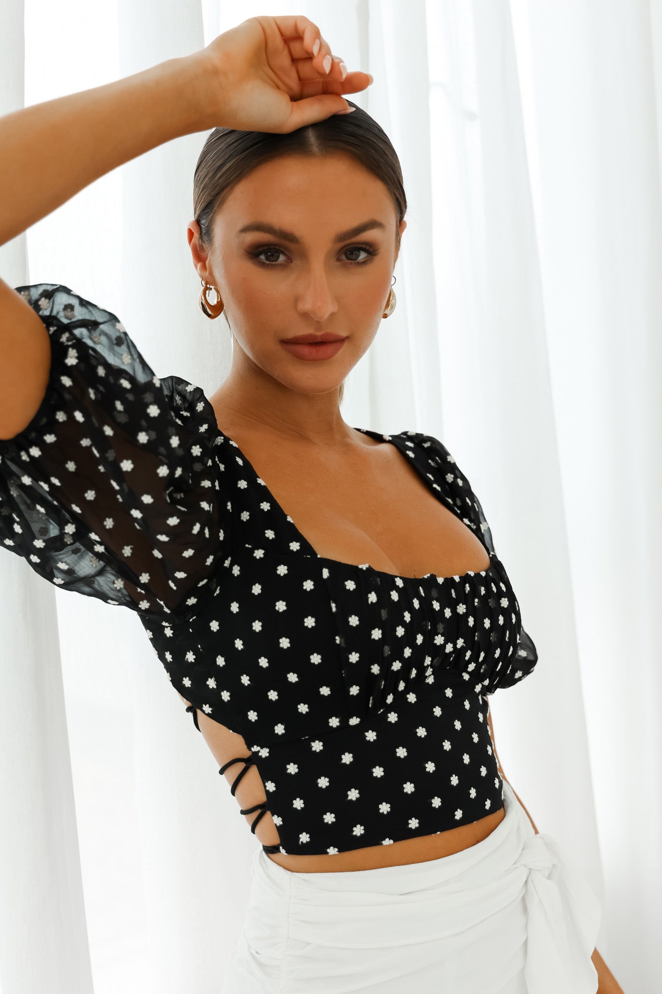 Petite Cherie Puff Sleeve Lace-Up Back Crop Top Floral Embroidered Black by Selfie Leslie