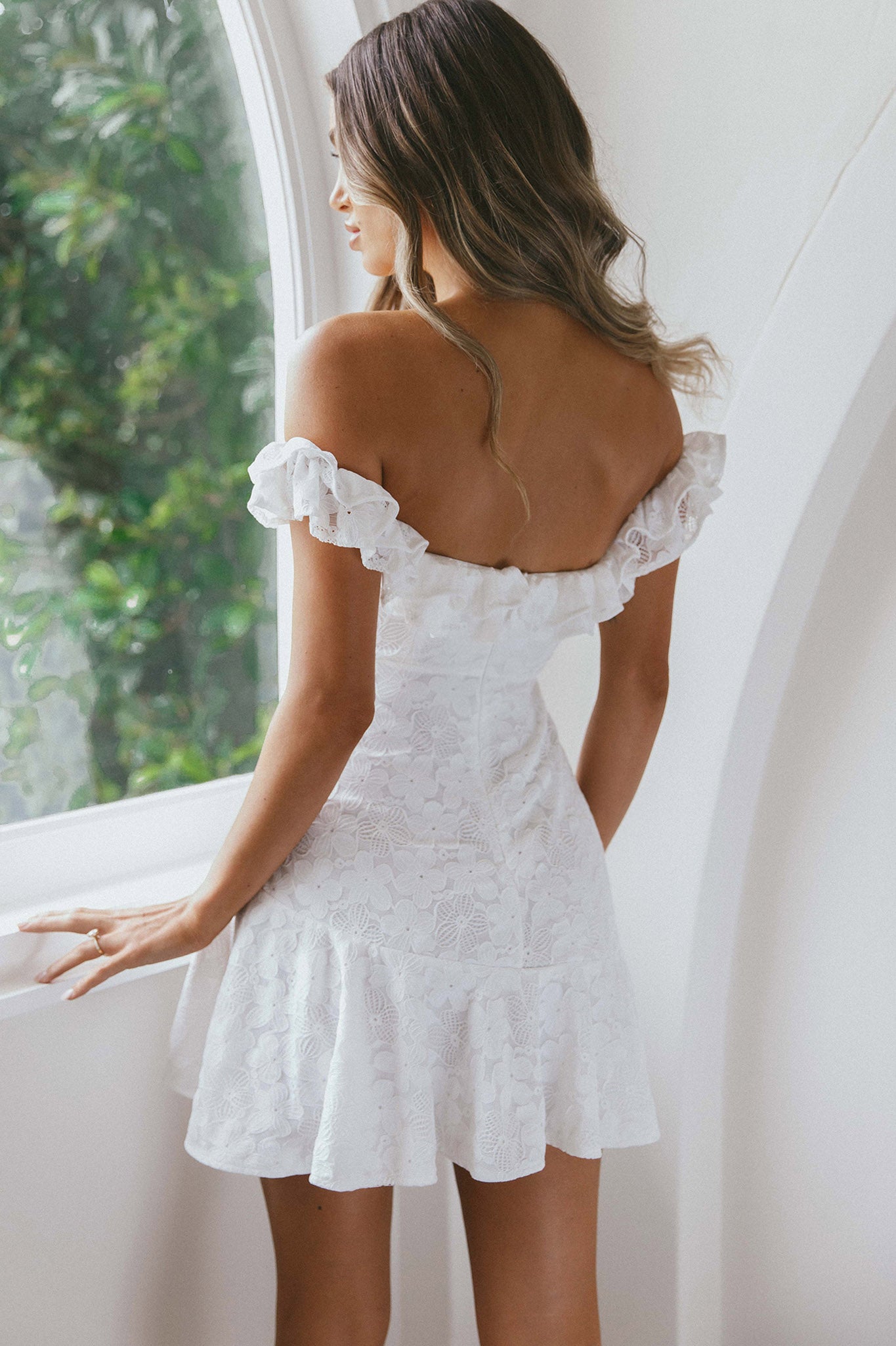 Verona Off-Shoulder Ruffle Mini Dress White by Selfie Leslie