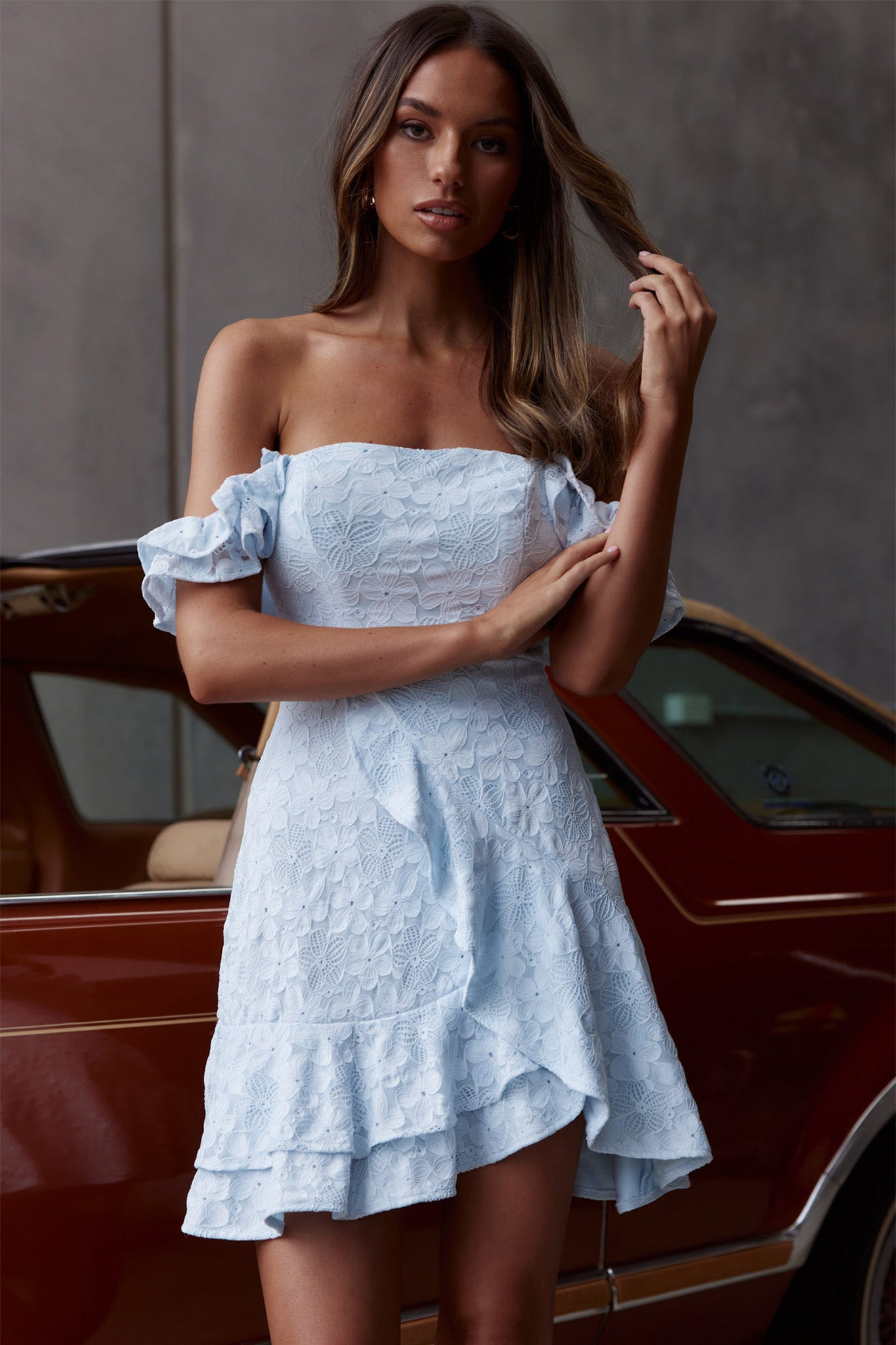 Verona Off-Shoulder Ruffle Mini Dress Steel Blue by Selfie Leslie