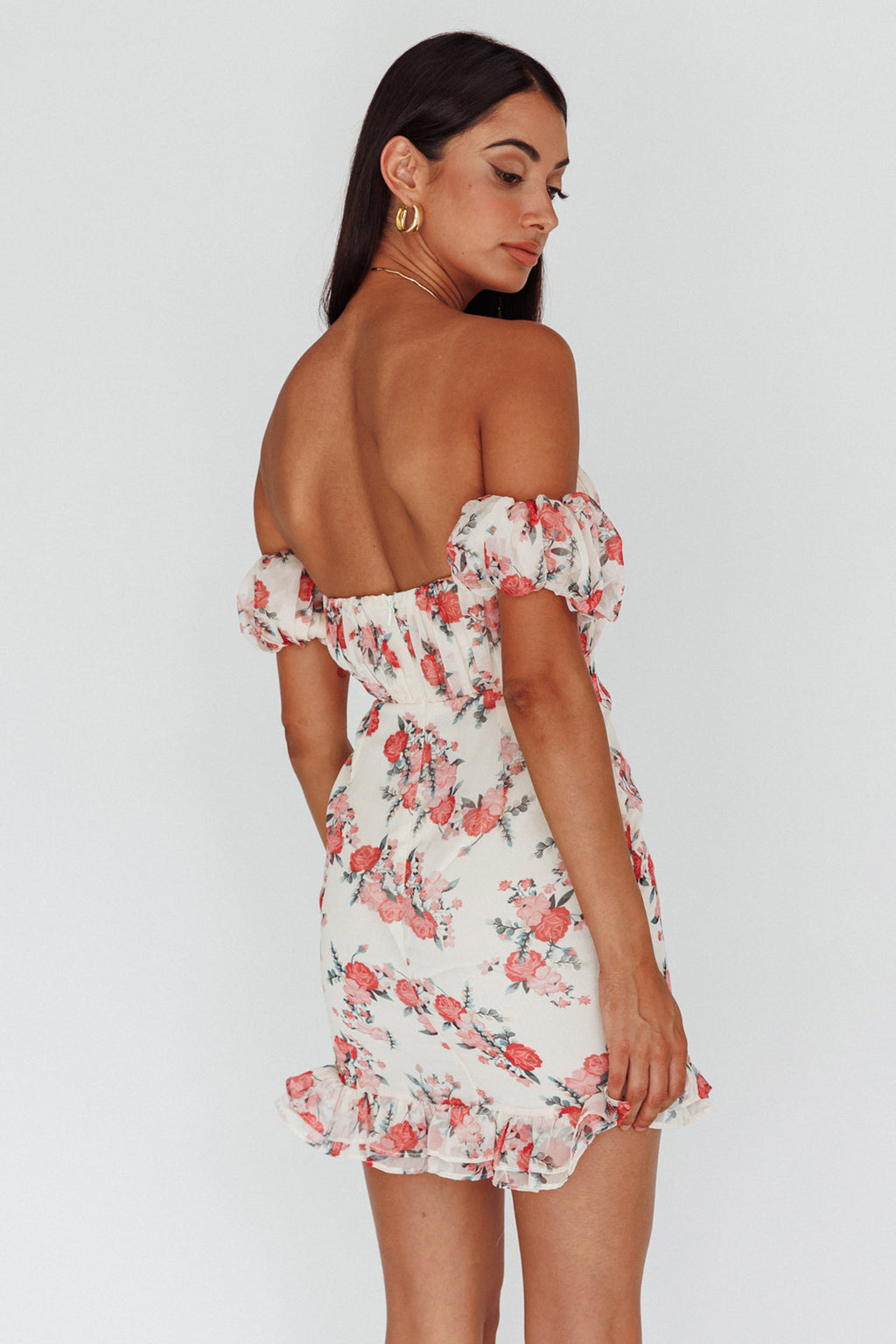 Verona Off-Shoulder Gathered Mini Dress Floral Red by Selfie Leslie