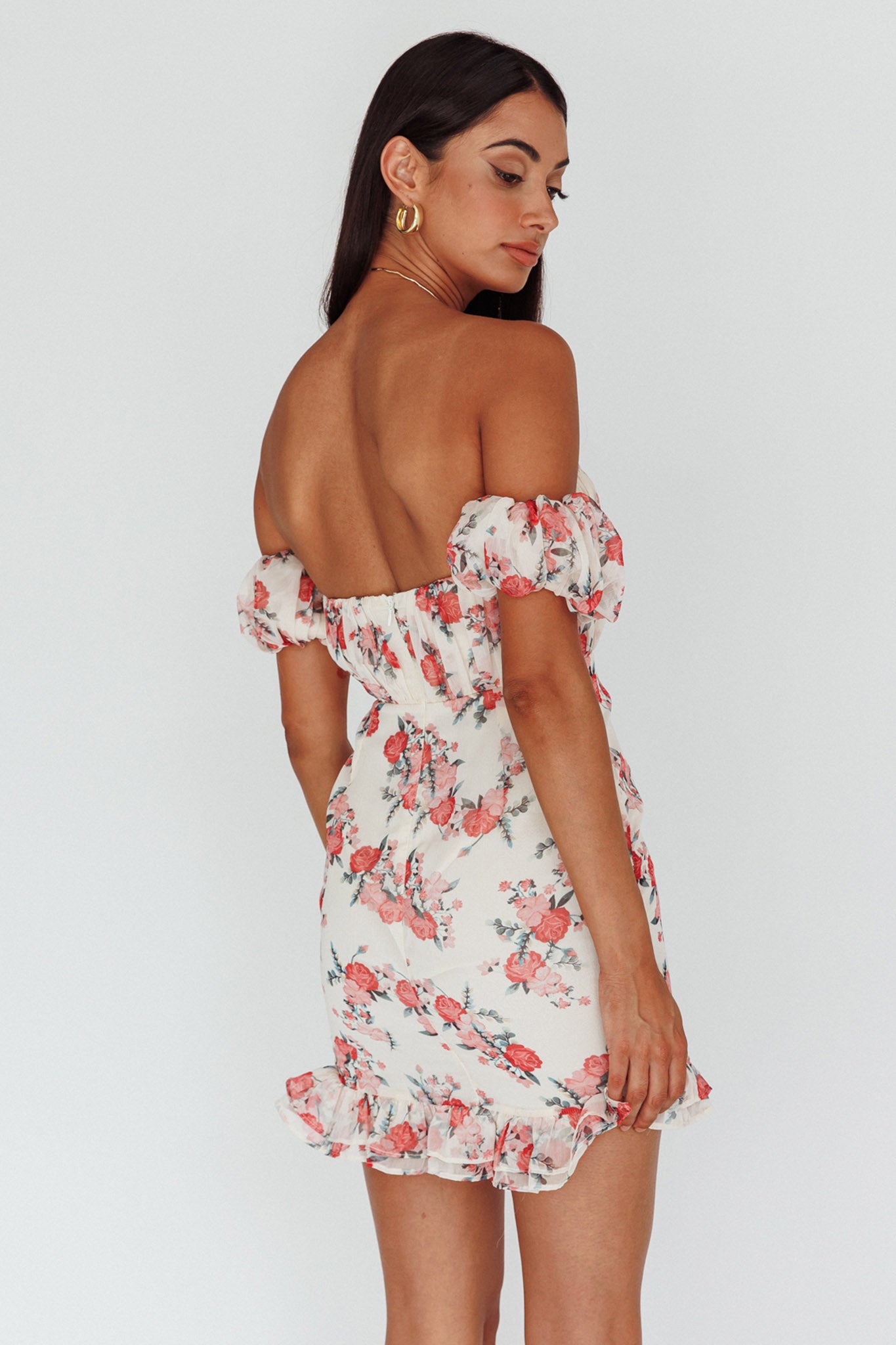Verona Off-Shoulder Gathered Mini Dress Floral Red by Selfie Leslie