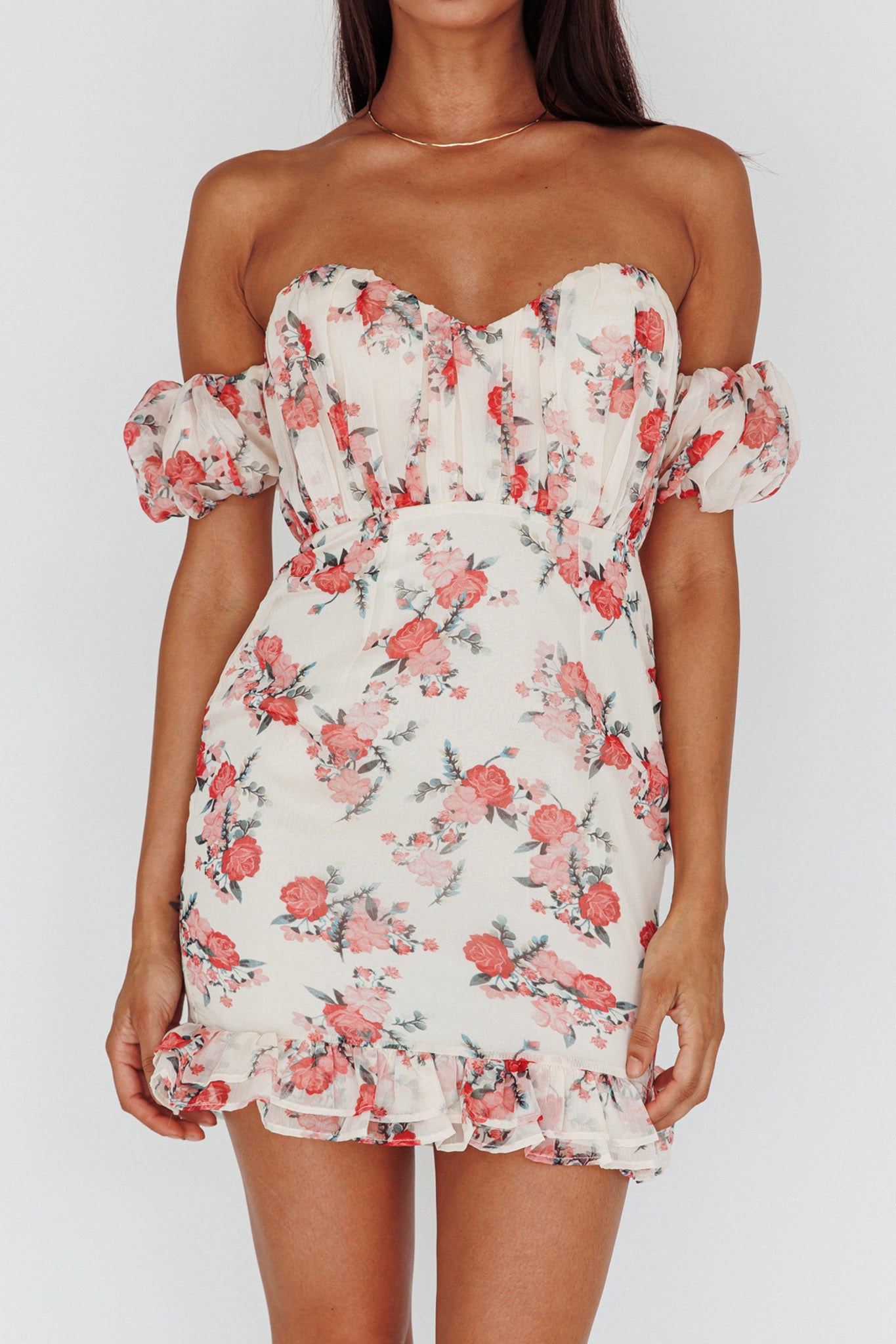 red and white floral off the shoulder dress Verona Off-Shoulder Gathered Mini Dress Floral Red