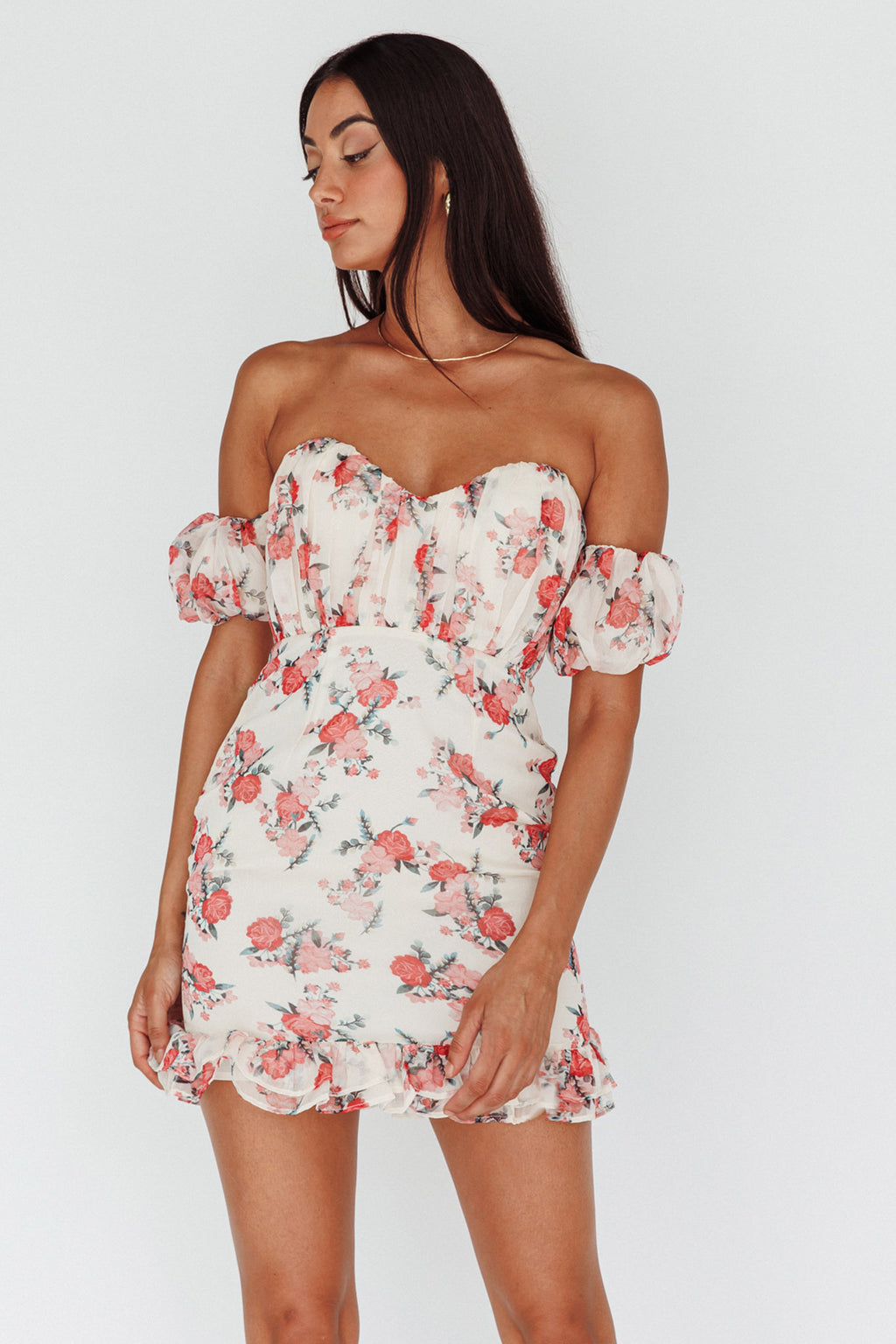 Verona Off-Shoulder Gathered Mini Dress Floral Red by Selfie Leslie