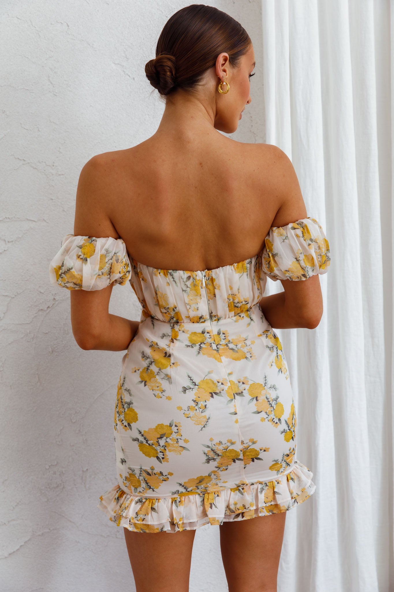 Verona Off-Shoulder Gathered Mini Dress Floral Yellow by Selfie Leslie