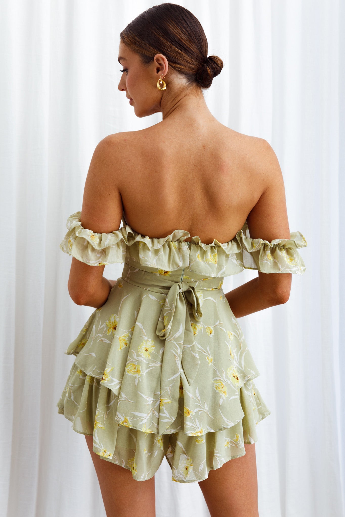 Verona Off-Shoulder Romper Floral Print Olive by Selfie Leslie