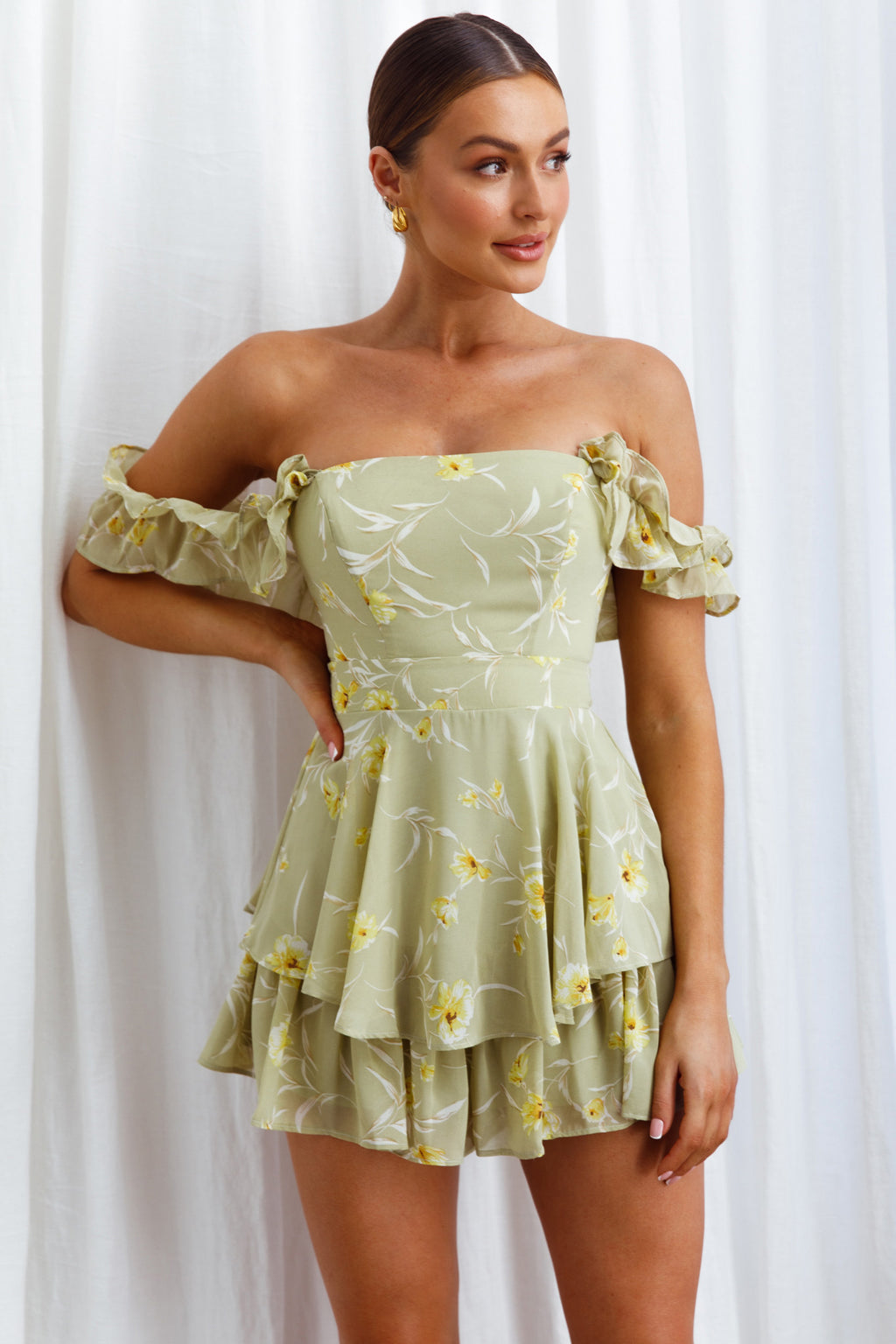 Verona Off-Shoulder Romper Floral Print Olive by Selfie Leslie