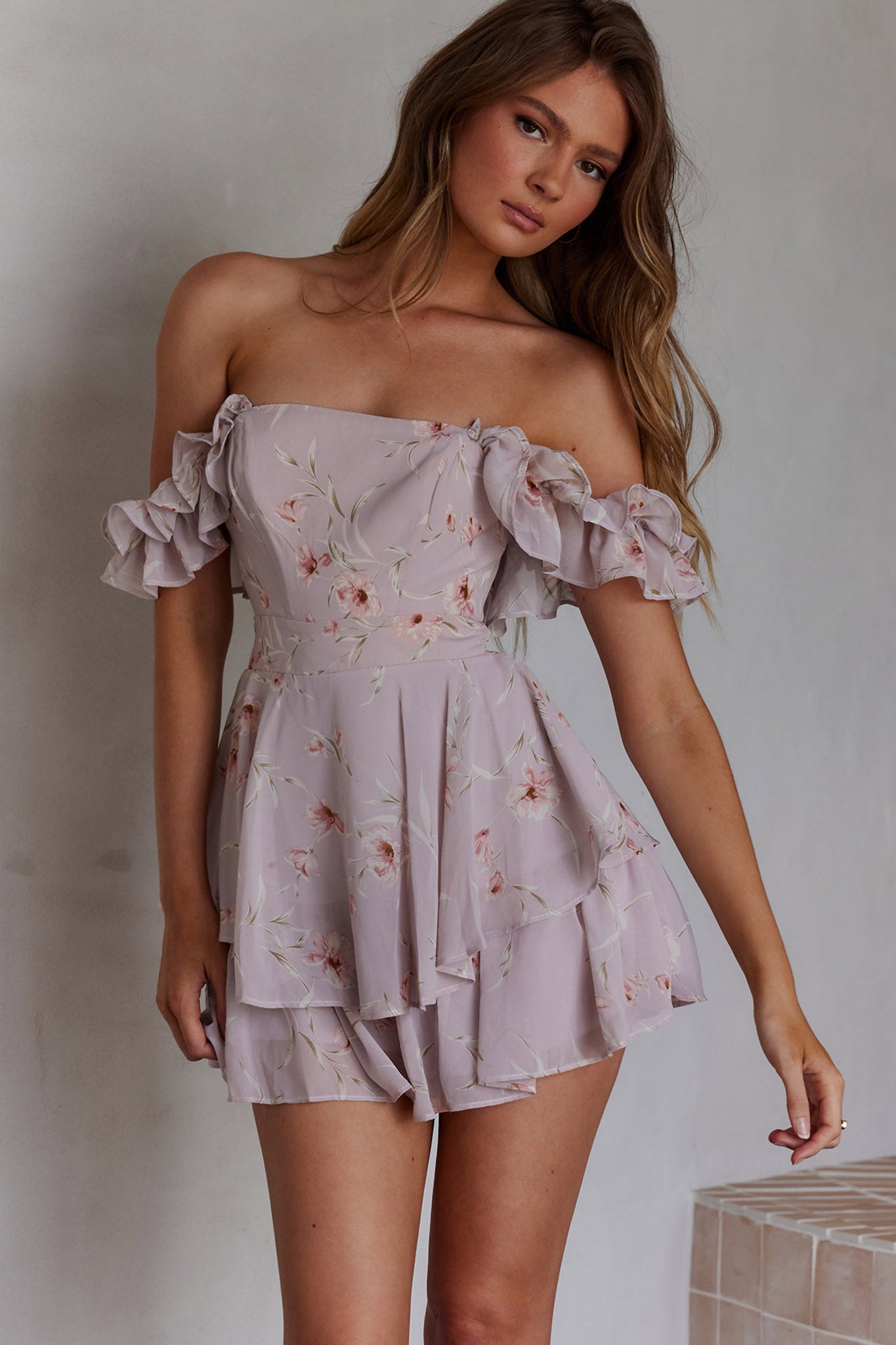 Verona Off-Shoulder Romper Floral Print Pink by Selfie Leslie
