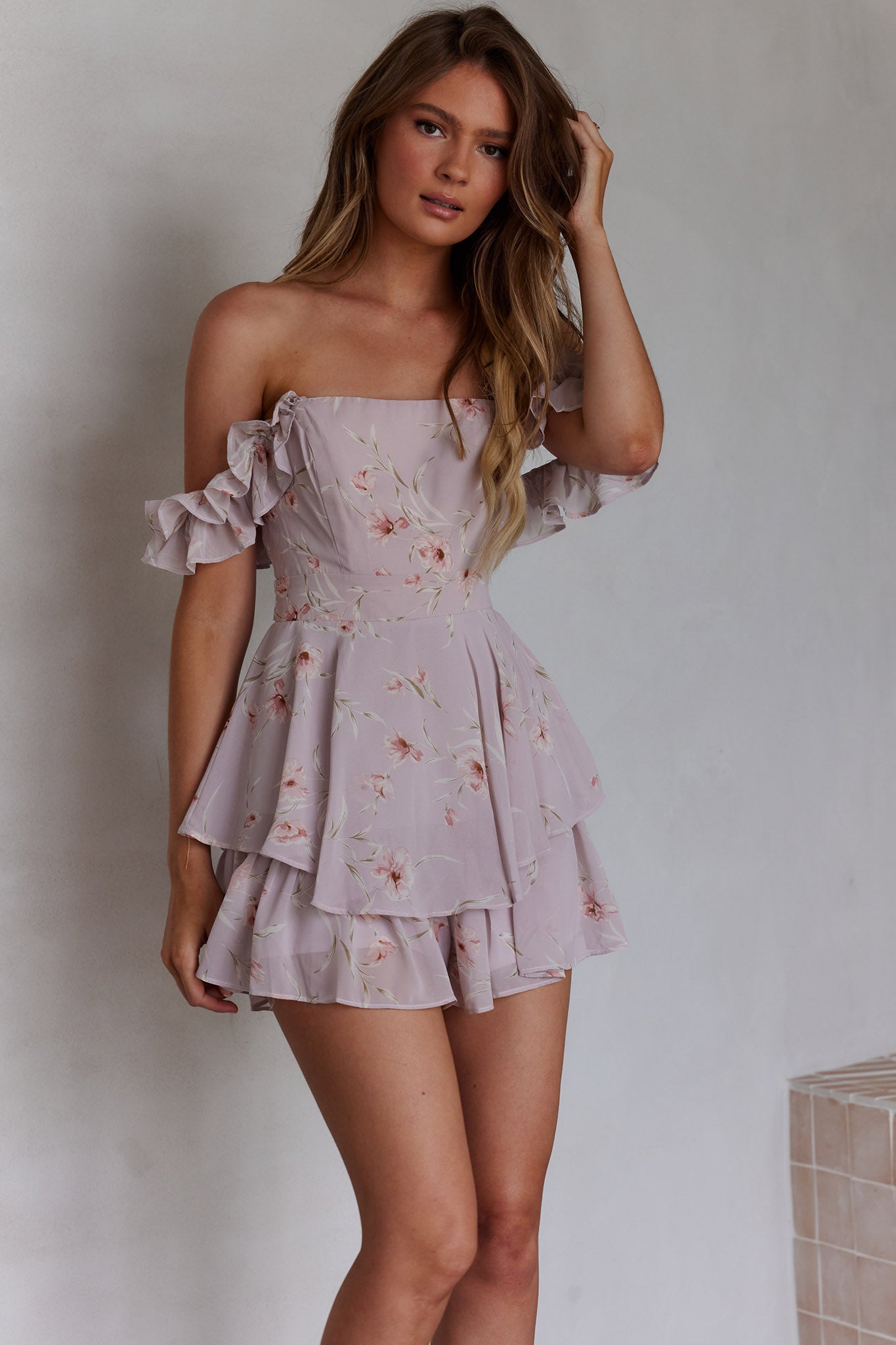 Verona Off-Shoulder Romper Floral Print Pink by Selfie Leslie