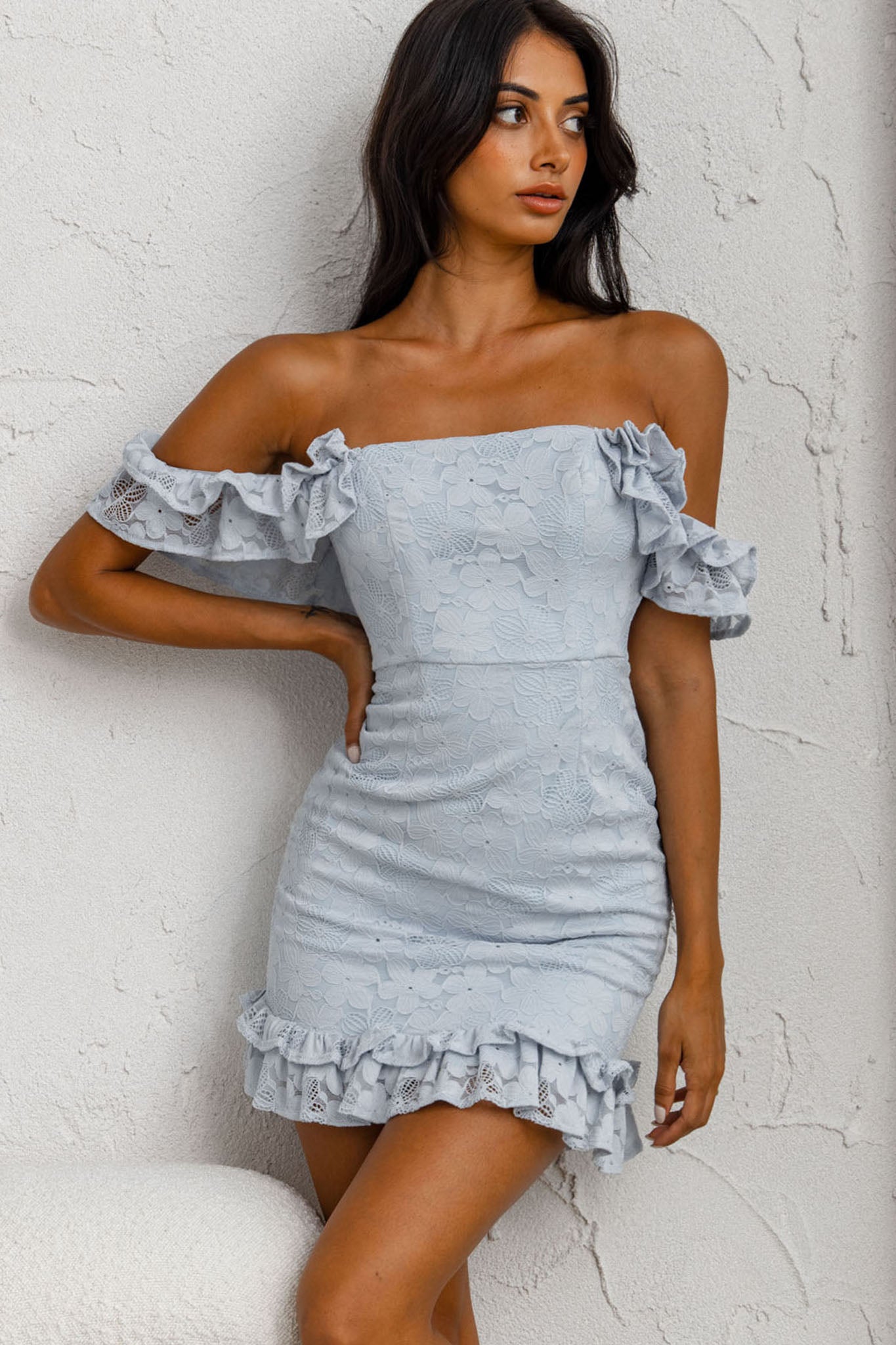 Shop the Leslie | Dress Lace Blue Verona Mini Selfie Off-Shoulder Overlay