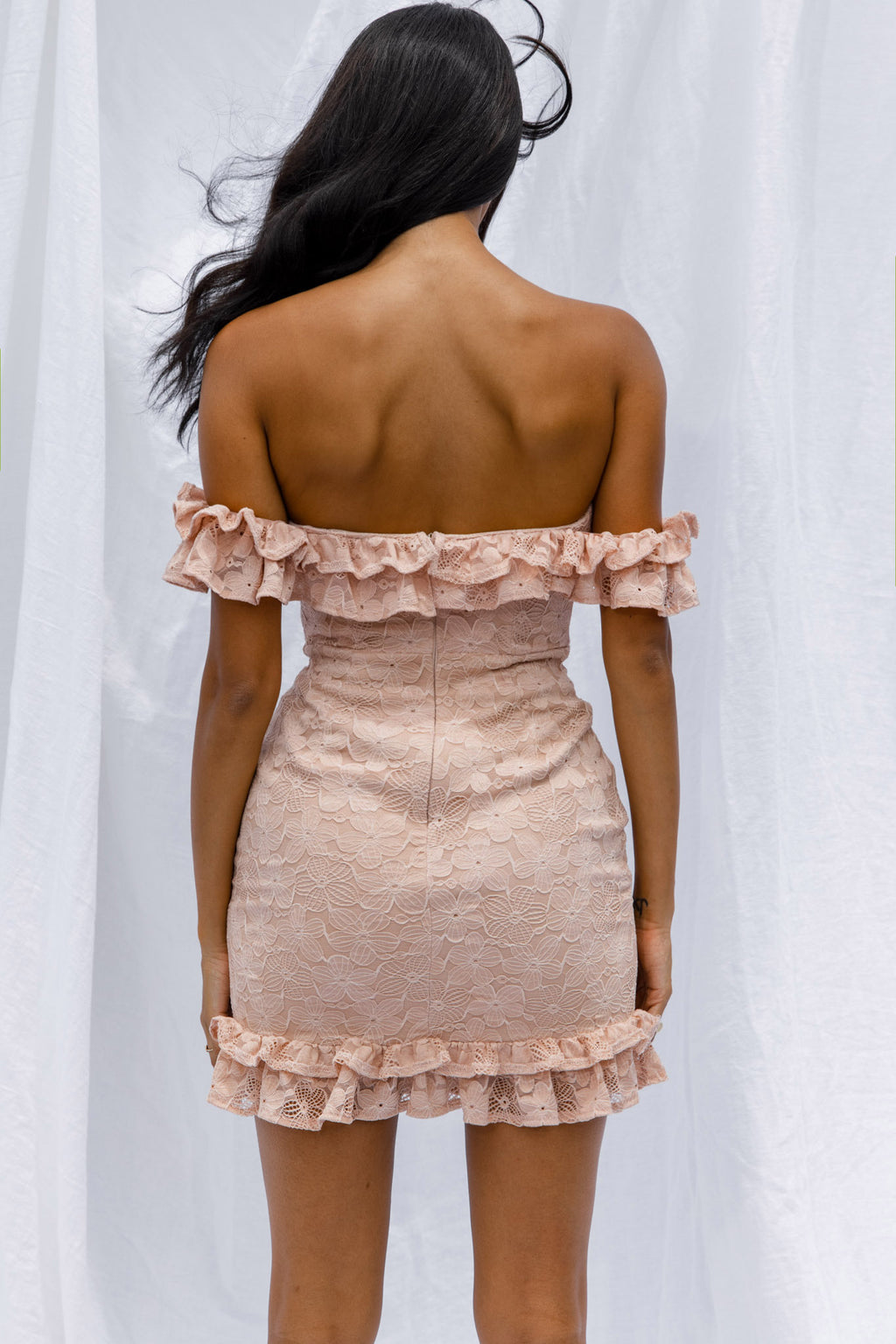 Verona Off-Shoulder Lace Overlay Mini Dress Blush by Selfie Leslie