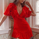 Shay Ruffle Lace Trim Mini Dress Red