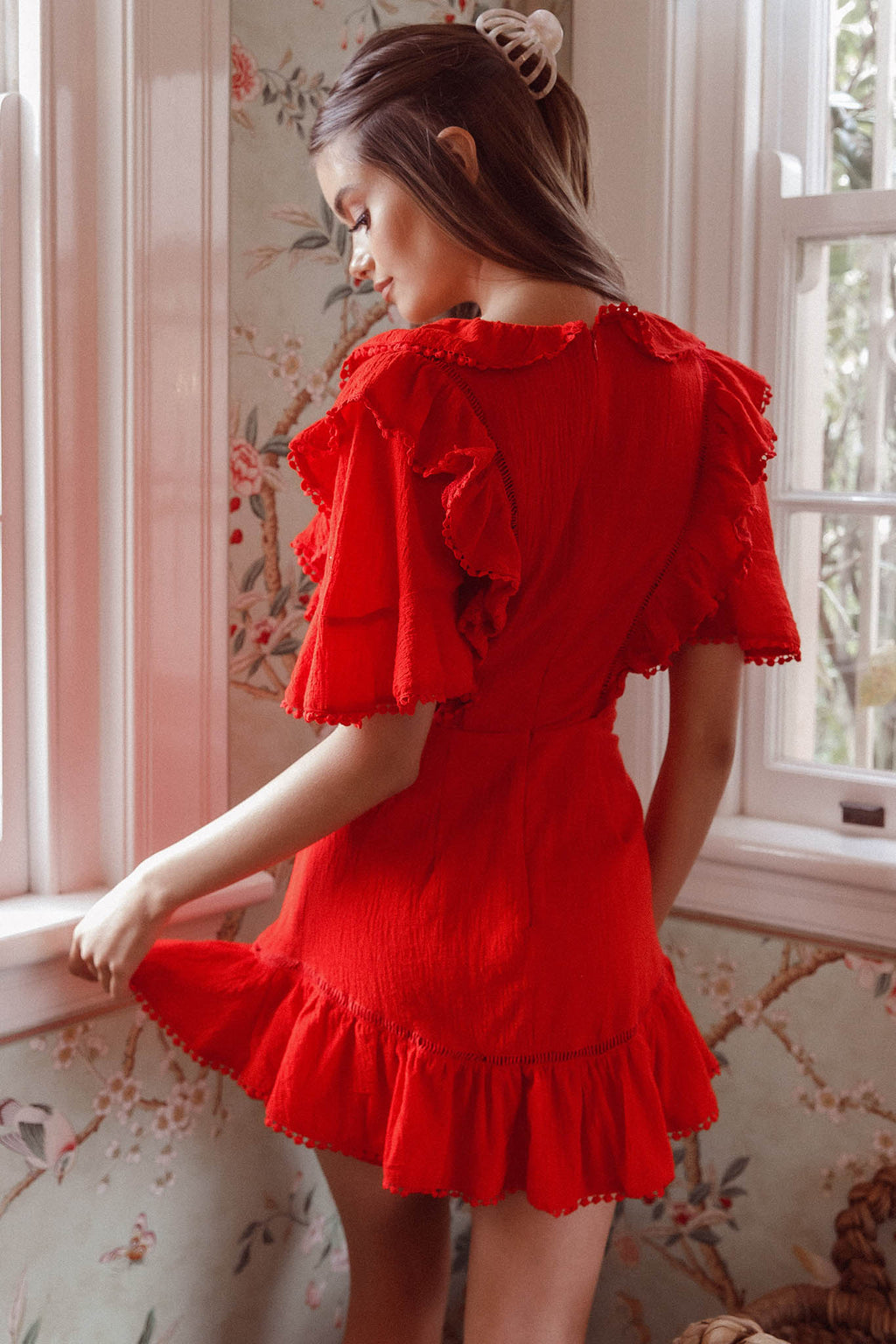 Shay Ruffle Lace Trim Mini Dress Red by Selfie Leslie