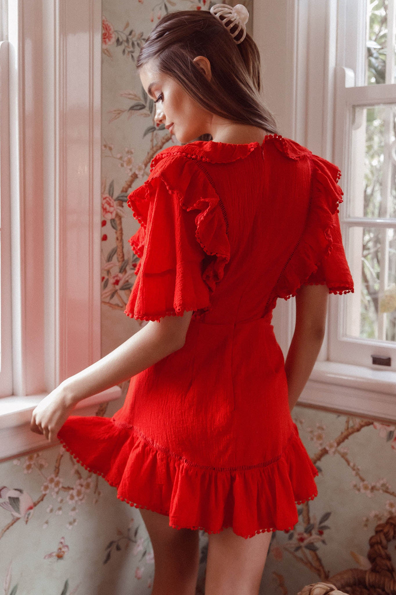 Shay Ruffle Lace Trim Mini Dress Red by Selfie Leslie