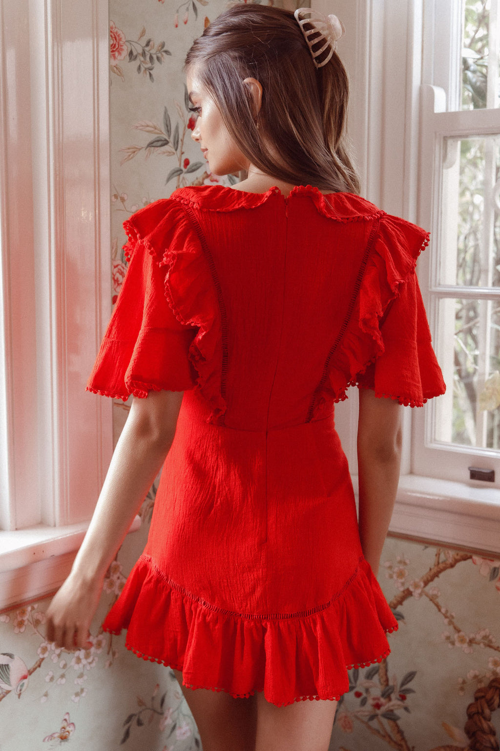 Shay Ruffle Lace Trim Mini Dress Red by Selfie Leslie