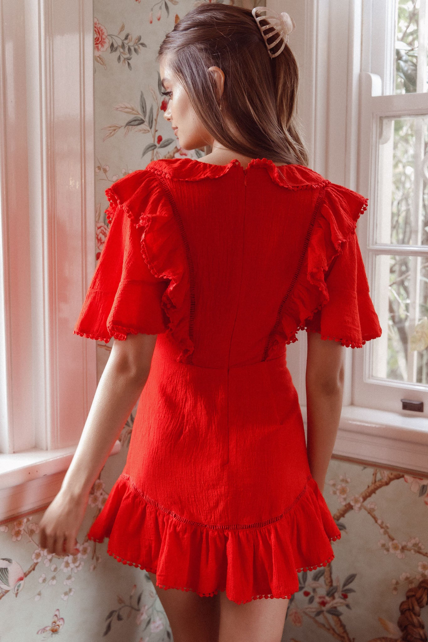 Shay Ruffle Lace Trim Mini Dress Red by Selfie Leslie